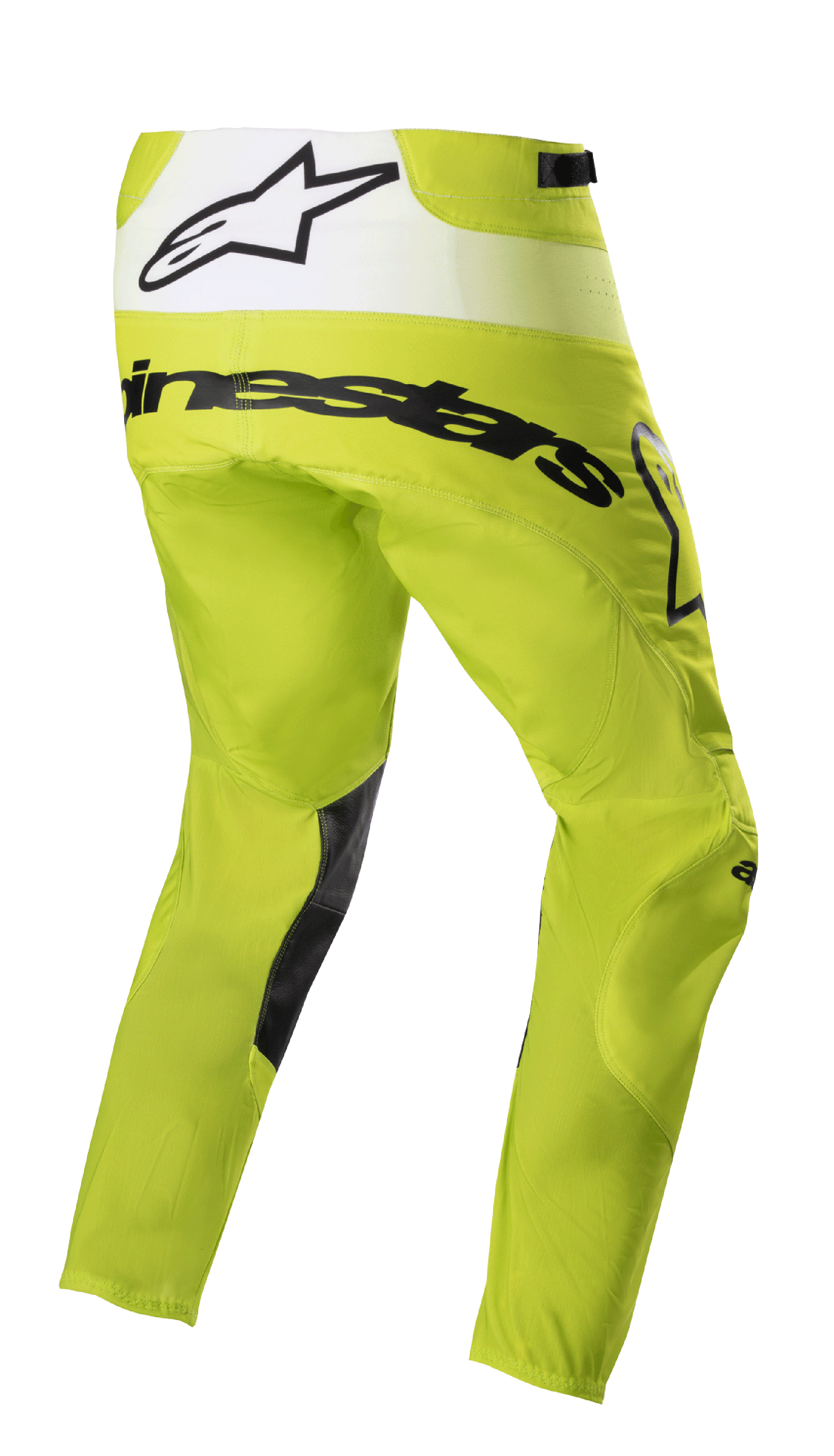 Alpinestars 2023 Techstar Push Pants, pantaloni da motocross, giallo fluo e bianco, vista posteriore di tre quarti con branding nero e pannello posteriore bianco con logo a stella, inserti neri nell'interno gamba, abbigliamento resistente per gare fuoristrada