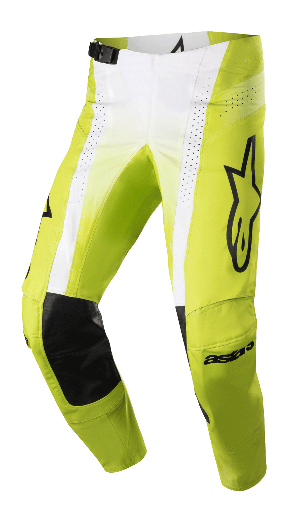 Alpinestars 2023 Techstar Push Pants, pantaloni da motocross, giallo fluo e bianco con accenti neri, con rinforzi interni alle ginocchia in pelle nera, pannelli di ventilazione traforati, grande logo nero sulla coscia e fibbia regolabile in vita, abbigliamento off-road ad alte prestazioni