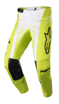 Alpinestars 2023 Techstar Push Pants, pantaloni da motocross, giallo fluo e bianco con accenti neri, con rinforzi interni alle ginocchia in pelle nera, pannelli di ventilazione traforati, grande logo nero sulla coscia e fibbia regolabile in vita, abbigliamento off-road ad alte prestazioni