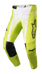 Alpinestars 2023 Techstar Push Pants, pantaloni da motocross, giallo fluo e bianco con accenti neri, con rinforzi interni alle ginocchia in pelle nera, pannelli di ventilazione traforati, grande logo nero sulla coscia e fibbia regolabile in vita, abbigliamento off-road ad alte prestazioni