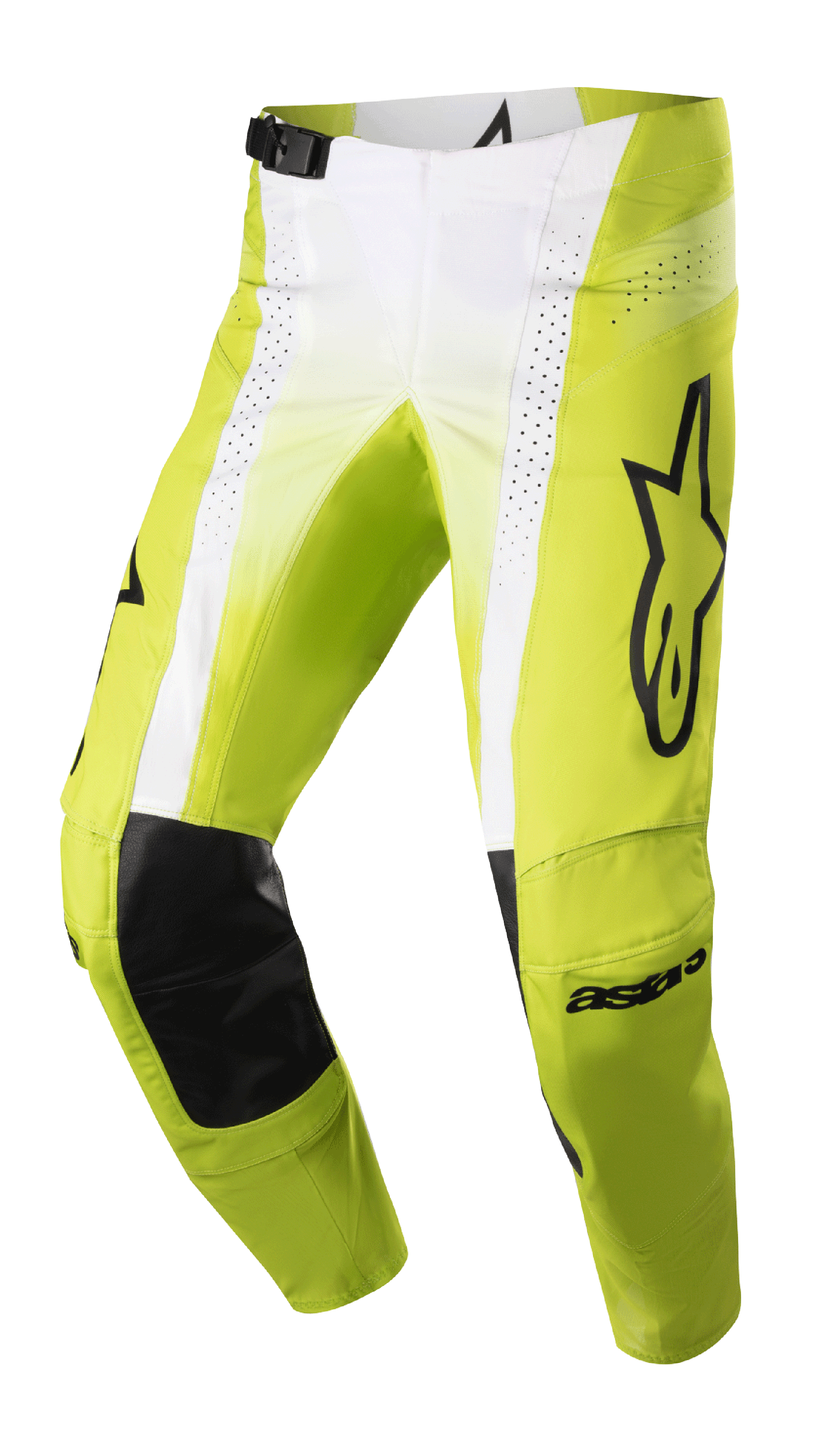 Alpinestars 2023 Techstar Push Pants, pantaloni da motocross, giallo fluo e bianco con accenti neri, con rinforzi interni alle ginocchia in pelle nera, pannelli di ventilazione traforati, grande logo nero sulla coscia e fibbia regolabile in vita, abbigliamento off-road ad alte prestazioni