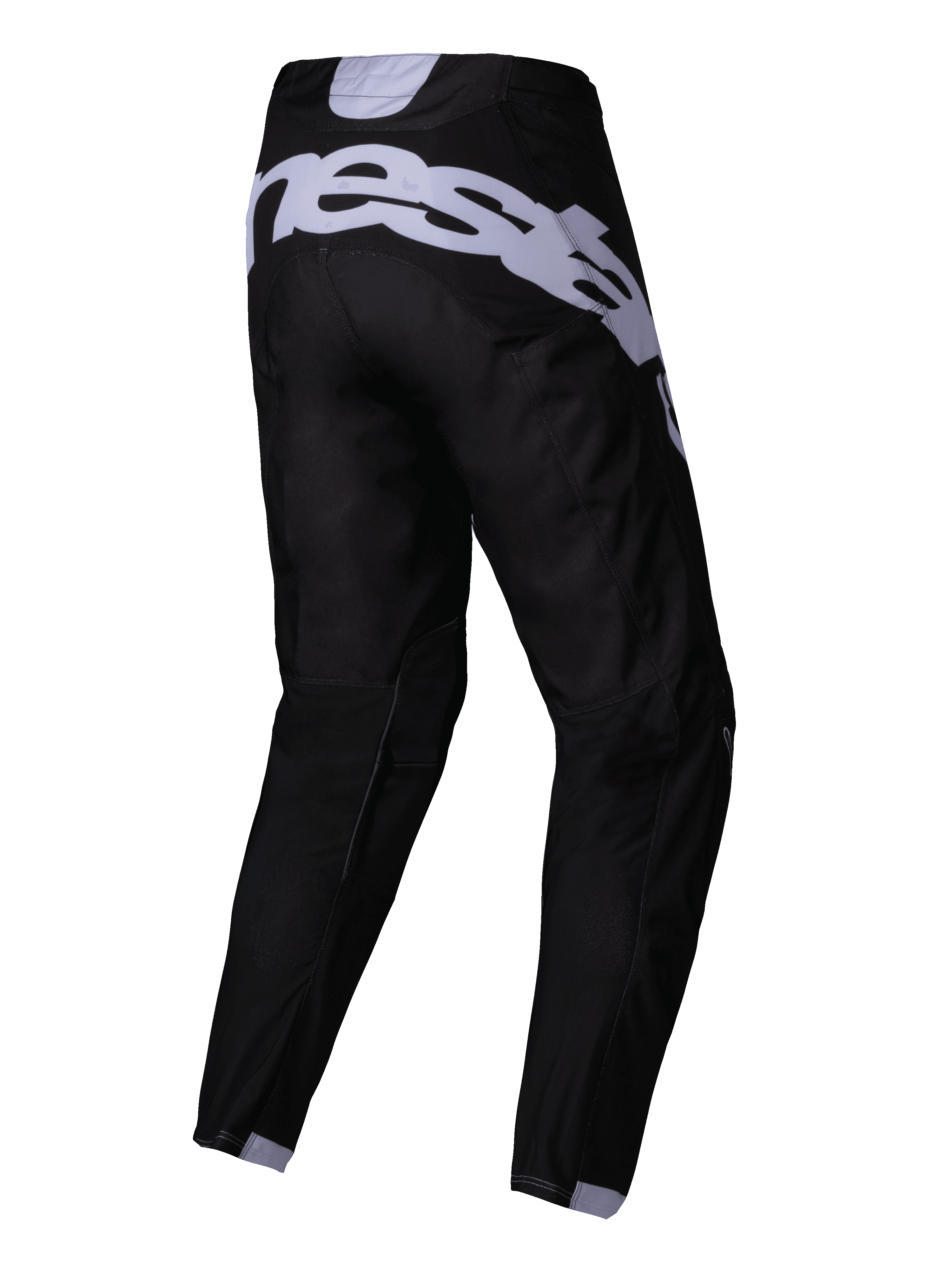 Alpinestars 2025 Racer Graphite Pants, pantaloni da motocross, nero e grigio, vista posteriore con grande logo grigio sulla seduta, gambe precurvate e tessuto tecnico resistente per corse fuoristrada
