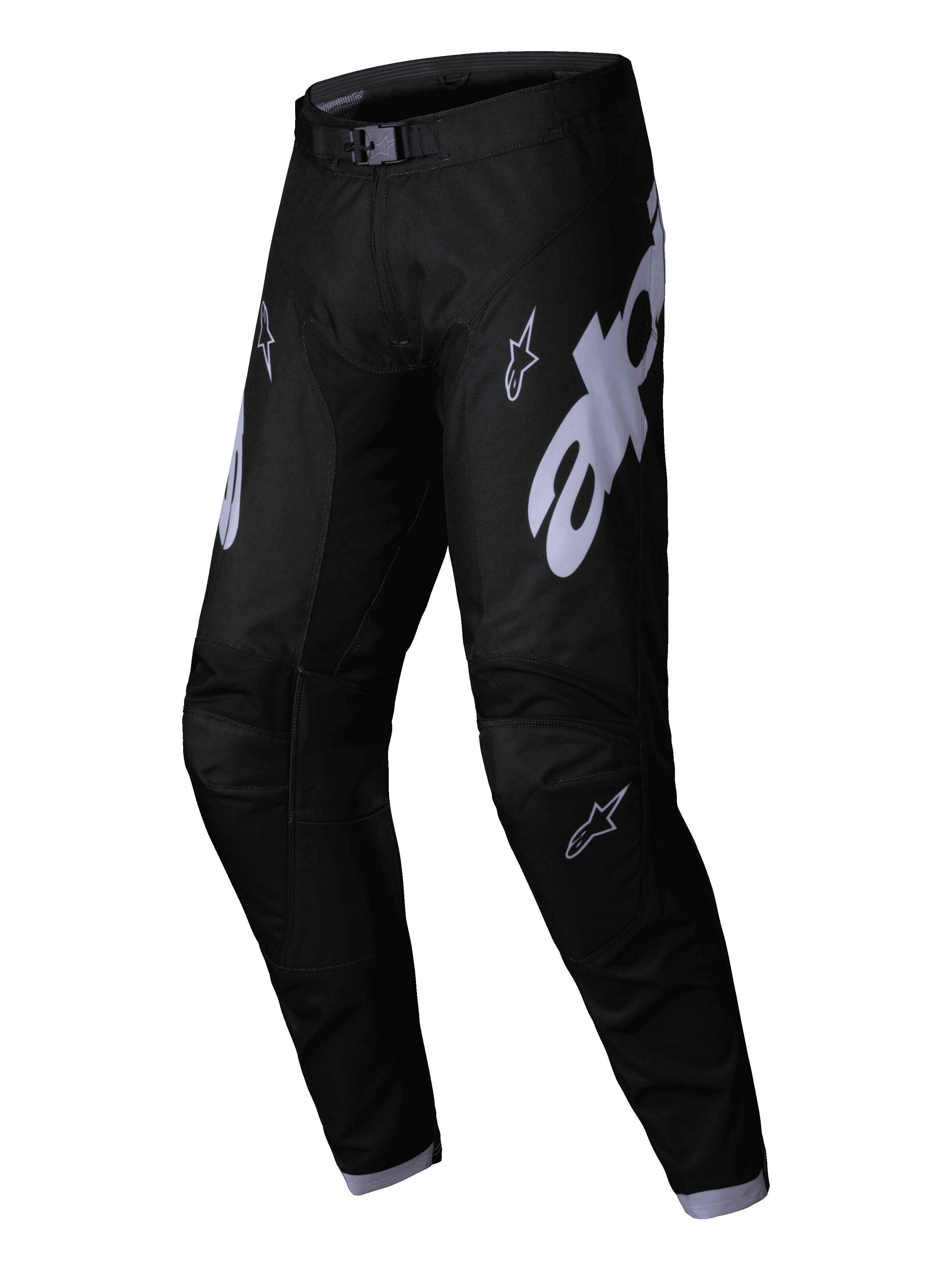Alpinestars 2025 Racer Graphite Pants, pantaloni da motocross, nero e grigio, grandi loghi Alpinestars grigi sulle cosce, design delle gambe pre-curvato e fibbia magnetica in vita per prestazioni off-road
