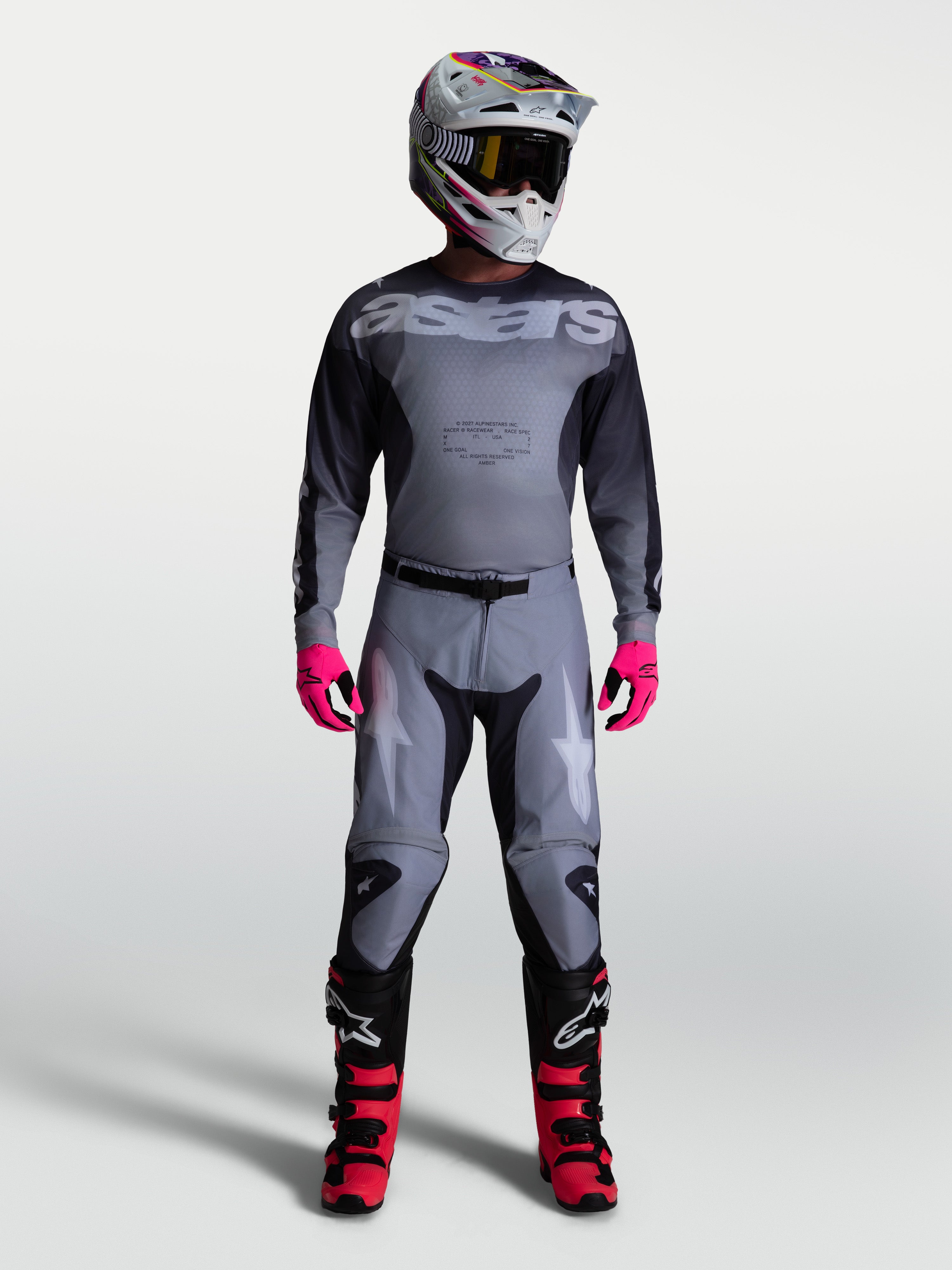 Alpinestars Pantaloni Racer Amber, pantaloni da motocross da uomo, grigio e lilla chiaro, vestibilità racing su modello.