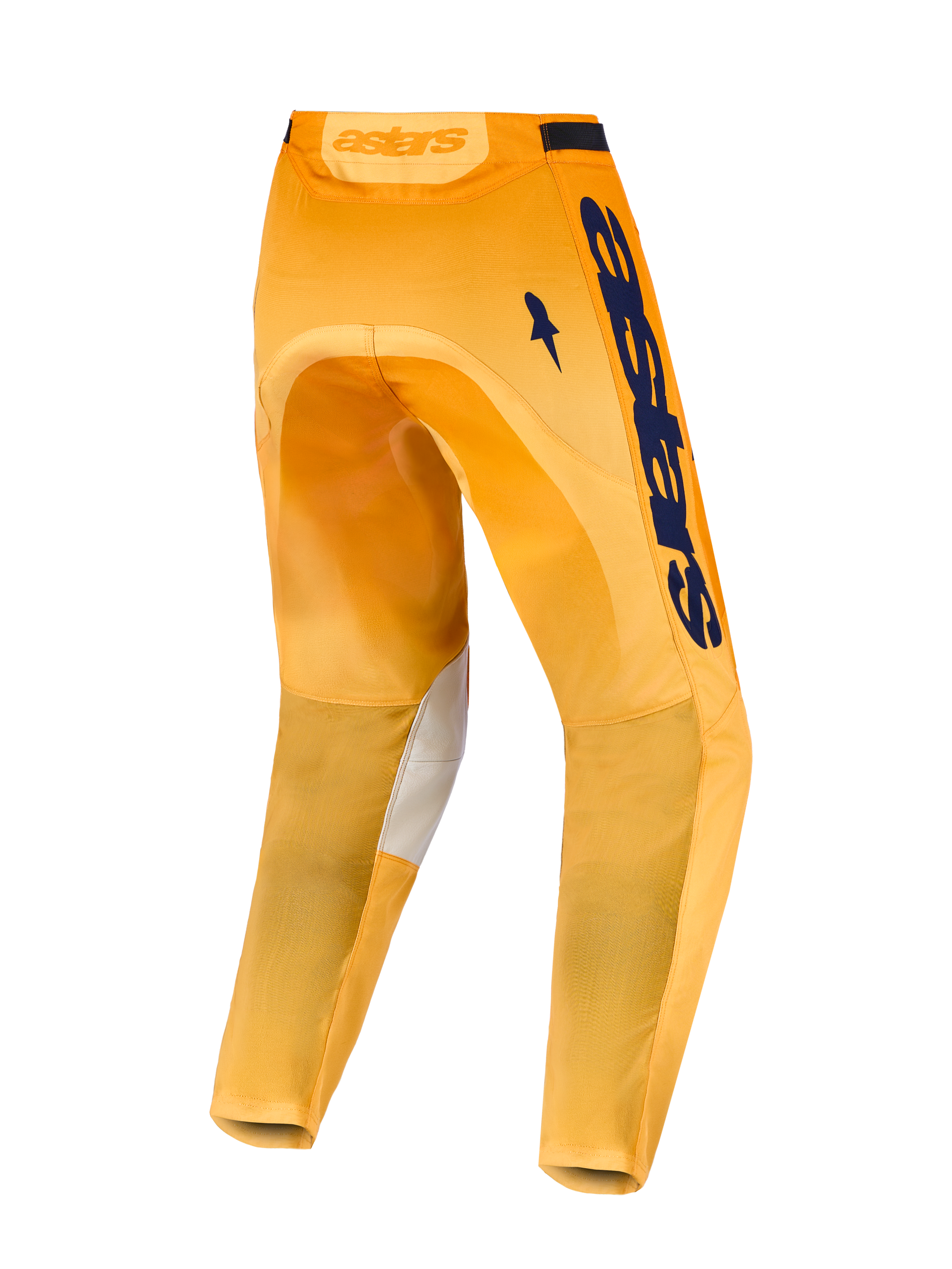 Alpinestars Pantaloni Racer Amber, pantaloni da motocross racing fuoristrada, vista posteriore con pannelli interni sulle ginocchia in pelle, arancione e blu navy, design ergonomico precurvato