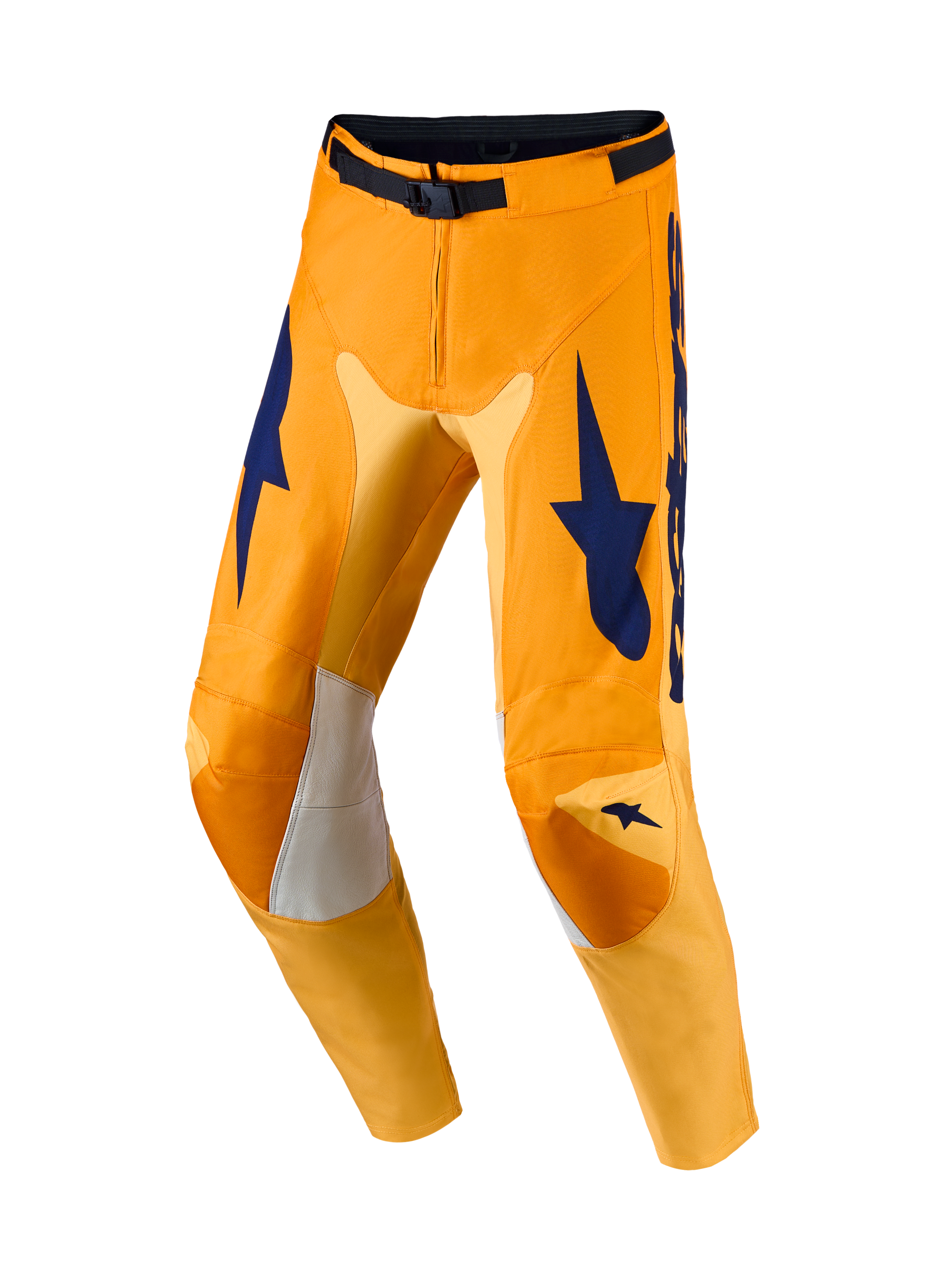 Alpinestars pantaloni Racer Amber e Racer Amber Gear Set, pantaloni motocross uomo, arancione e blu scuro, pannelli stretch.