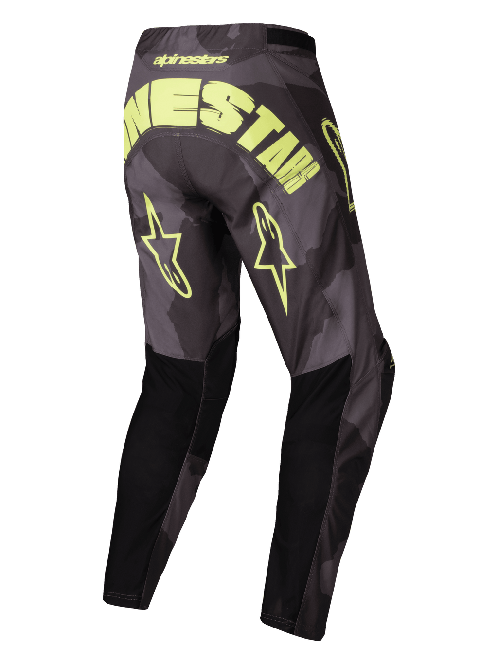 Alpinestars Pantaloni Racer Hollow 2025, pantaloni motocross off-road, camo scuro e giallo fluo, vista posteriore con grande marchio e loghi con stella