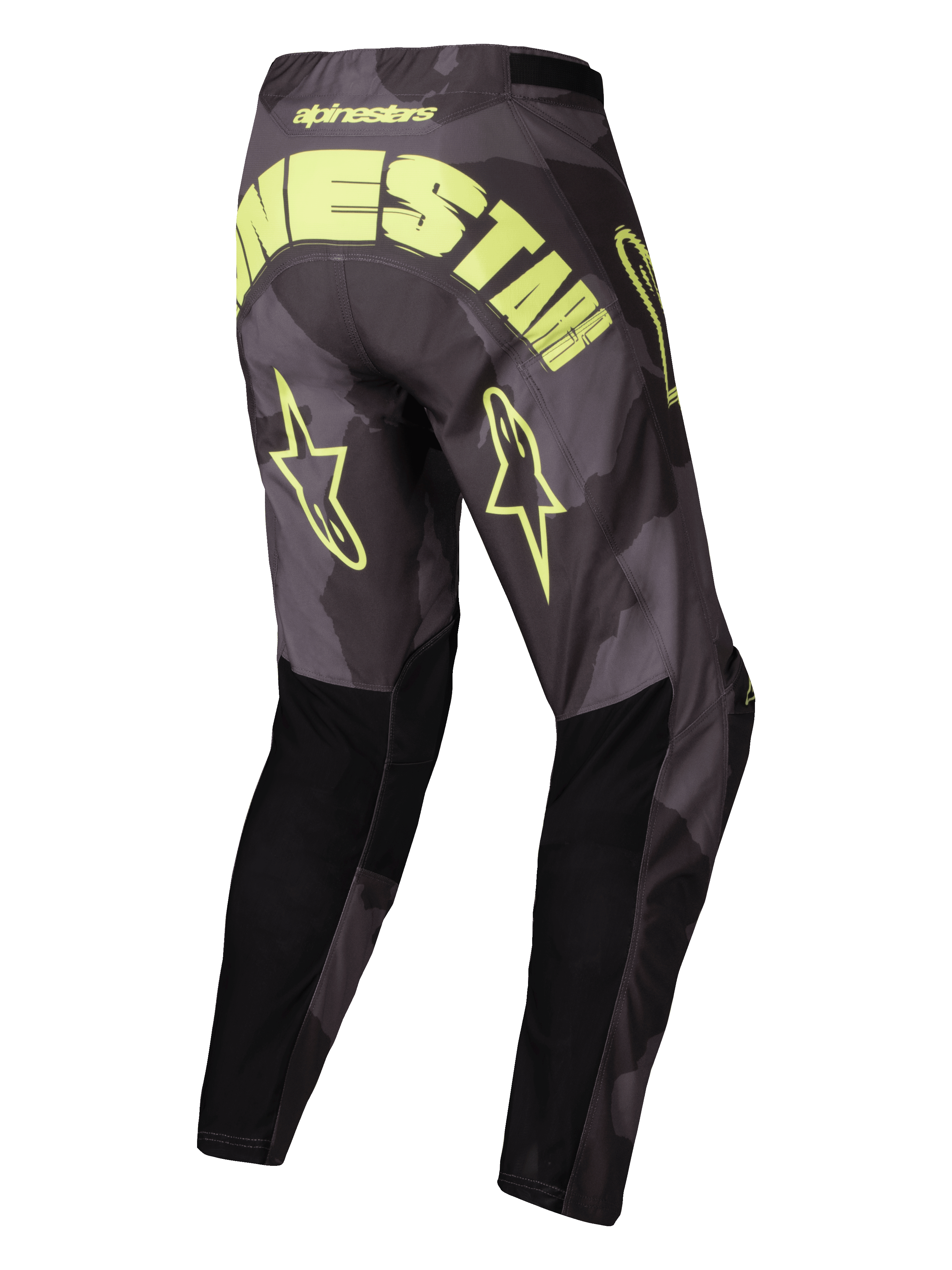 Alpinestars Pantaloni Racer Hollow 2025, pantaloni motocross off-road, camo scuro e giallo fluo, vista posteriore con grande marchio e loghi con stella