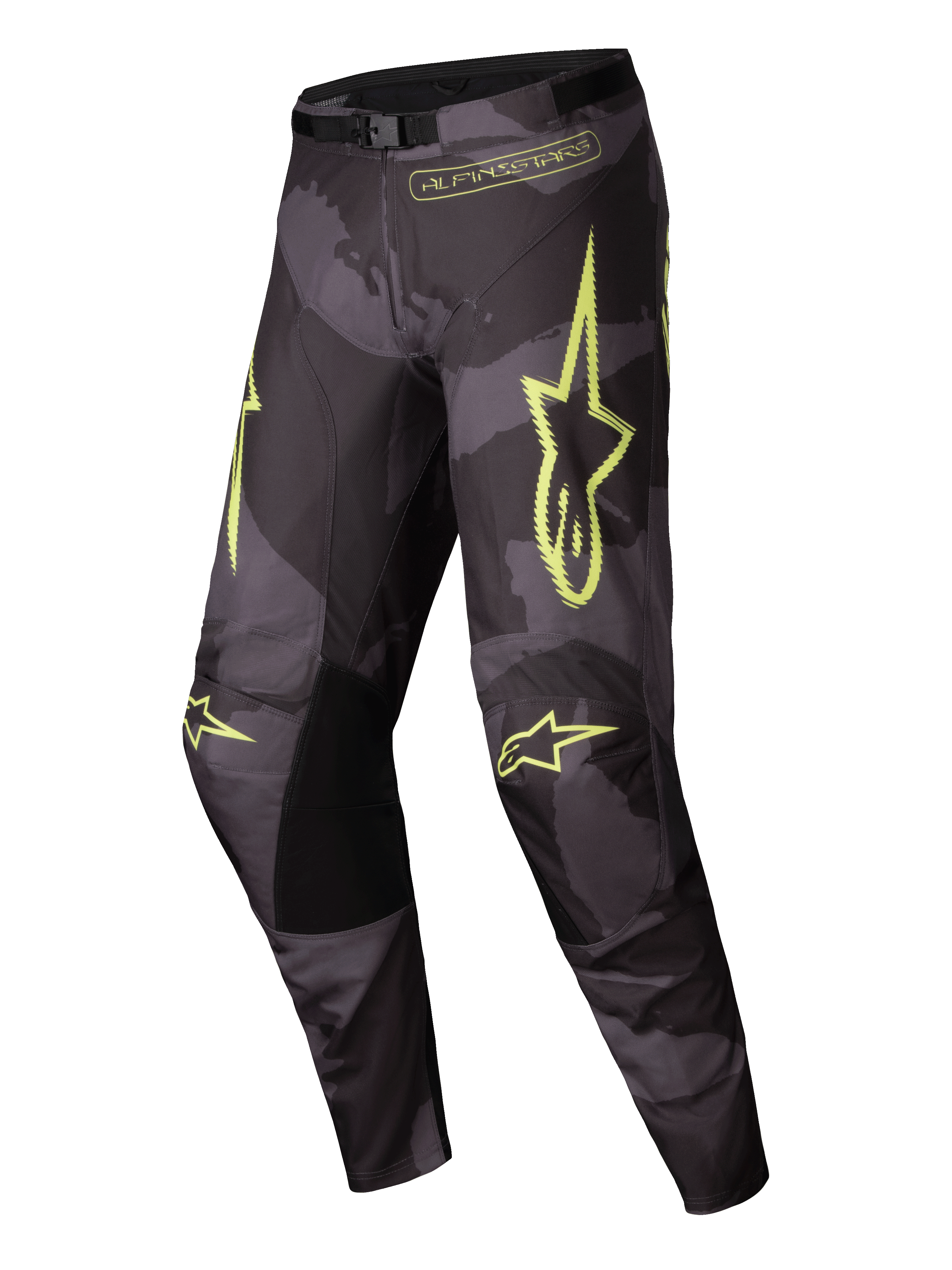 Alpinestars Pantaloni Racer Hollow 2025, pantaloni da motocross da uomo, camo scuro e giallo fluo, struttura ergonomica precurvata