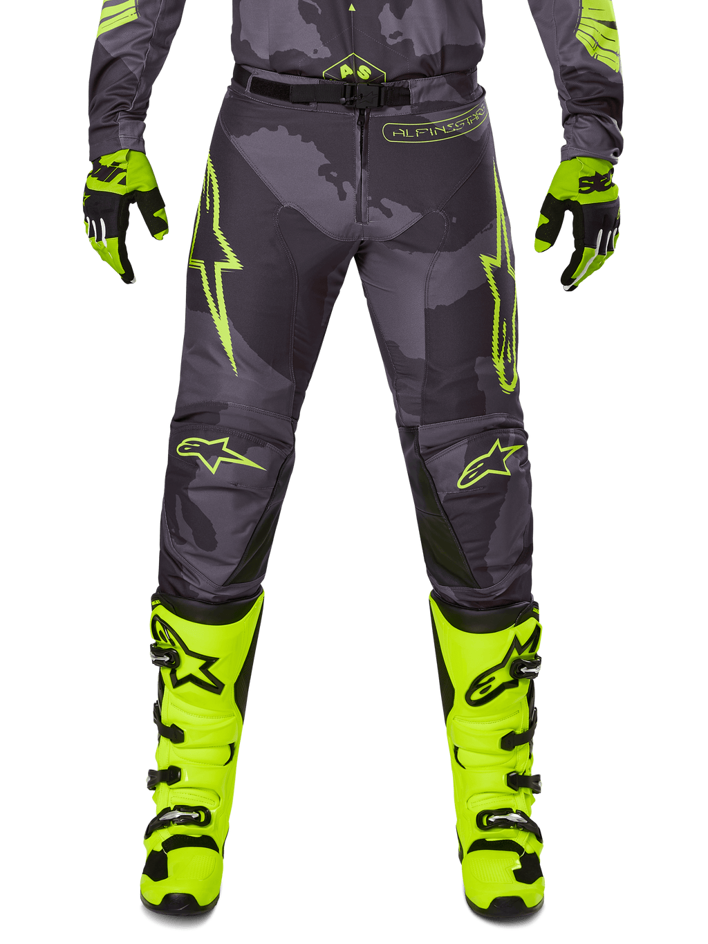 Alpinestars 2025 Racer Hollow Pants, pantaloni da motocross grigio scuro con dettagli giallo neon, stelle gialle, guanti e stivali giallo neon con dettagli neri, abbigliamento protettivo sportivo per fuoristrada