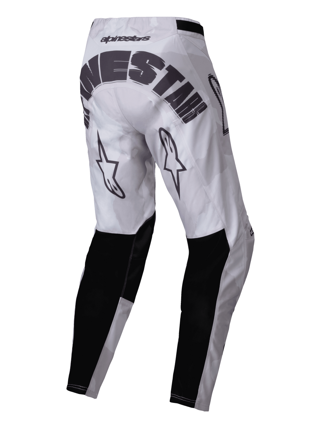 Alpinestars 2025 Racer Hollow Pants, pantaloni da motocross, marrone camouflage chiaro, vista posteriore con vistoso marchio Alpinestars nero sulla seduta, loghi a stella sul retro delle cosce e pannelli neri rinforzati sulla parte inferiore delle gambe, design sportivo da fuoristrada con motivo mimetico grigio chiaro