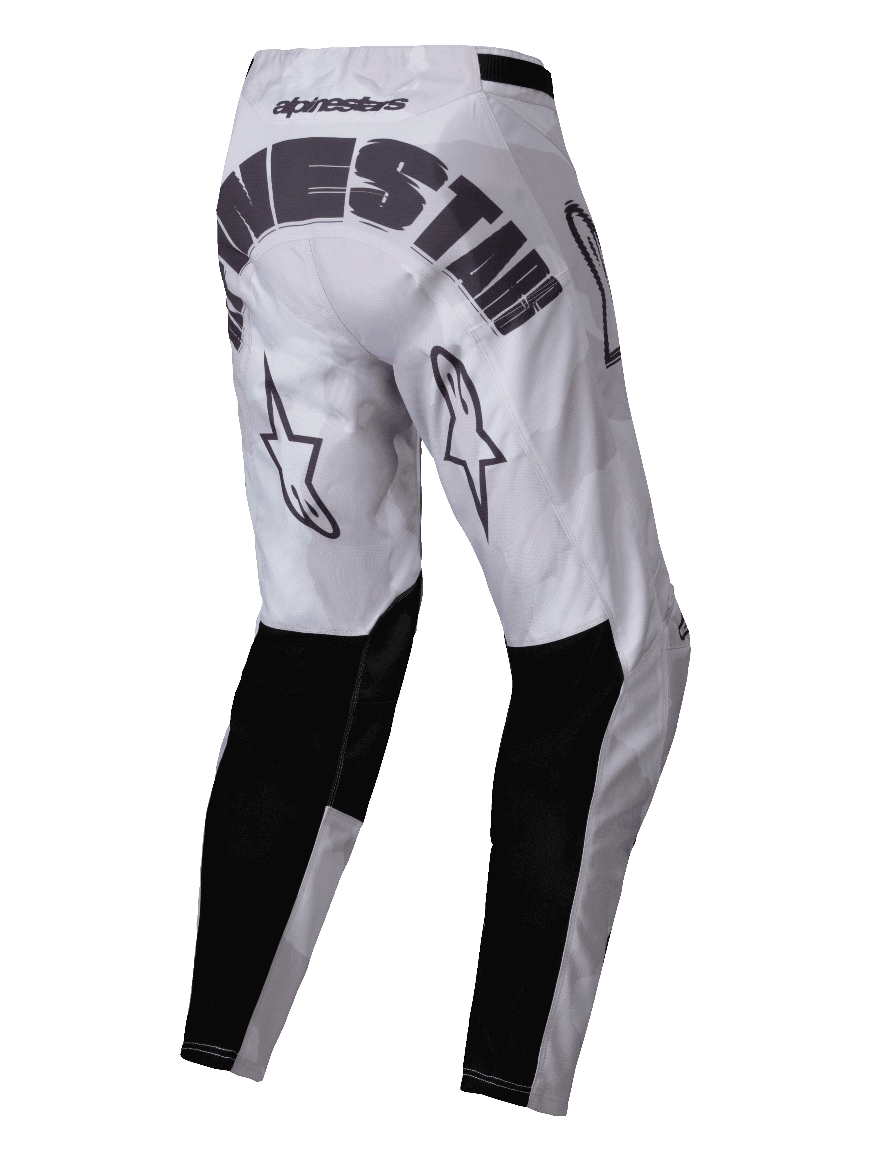 Alpinestars 2025 Racer Hollow Pants, pantaloni da motocross, marrone camouflage chiaro, vista posteriore con vistoso marchio Alpinestars nero sulla seduta, loghi a stella sul retro delle cosce e pannelli neri rinforzati sulla parte inferiore delle gambe, design sportivo da fuoristrada con motivo mimetico grigio chiaro