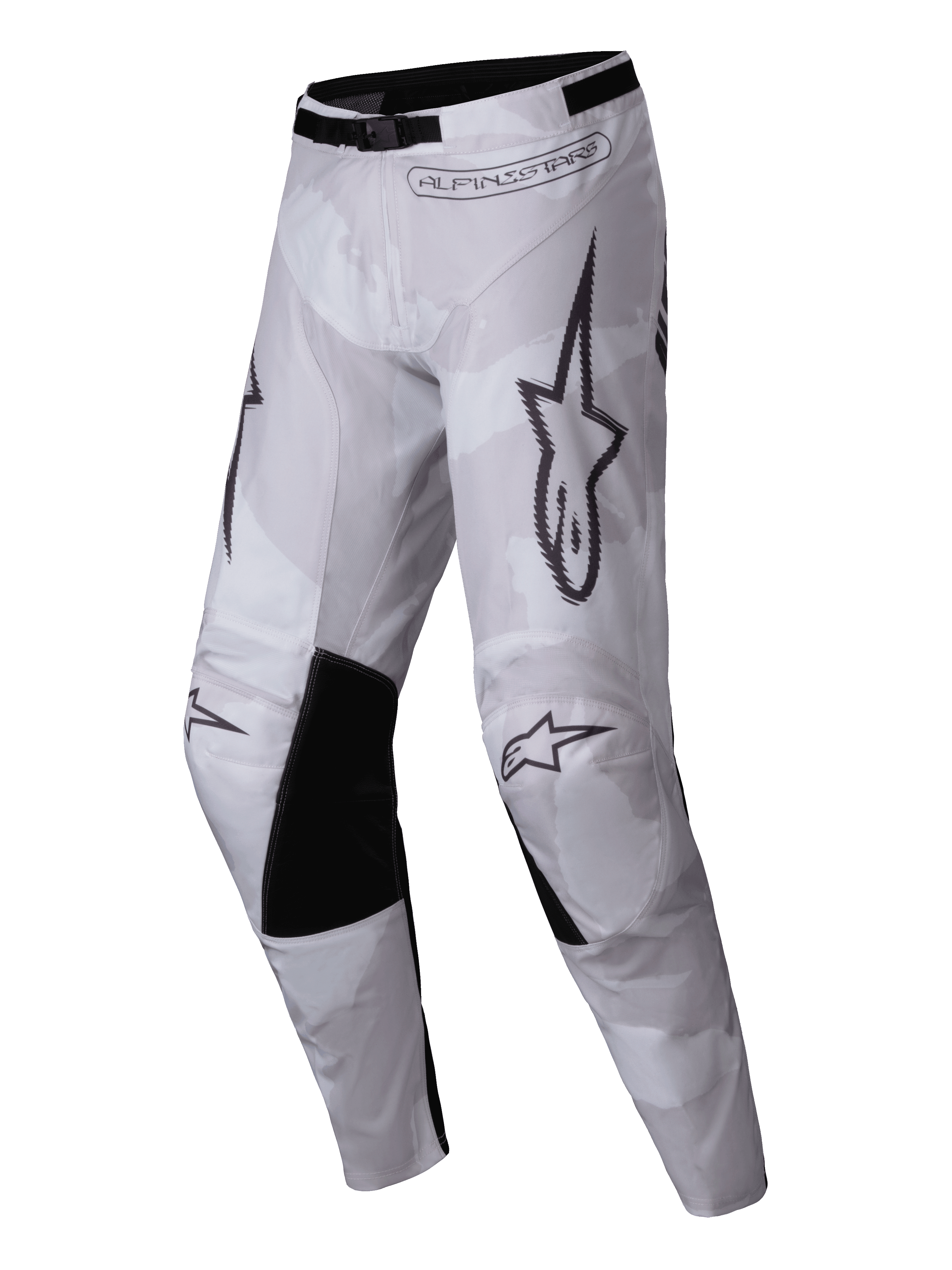 Alpinestars Pantaloni Racer Hollow 2025, pantaloni da motocross, marrone mimetico chiaro, caratterizzati da un leggero motivo camouflage con pannelli interni alle ginocchia neri, loghi Alpinestars e fibbia regolabile in vita per corse off-road