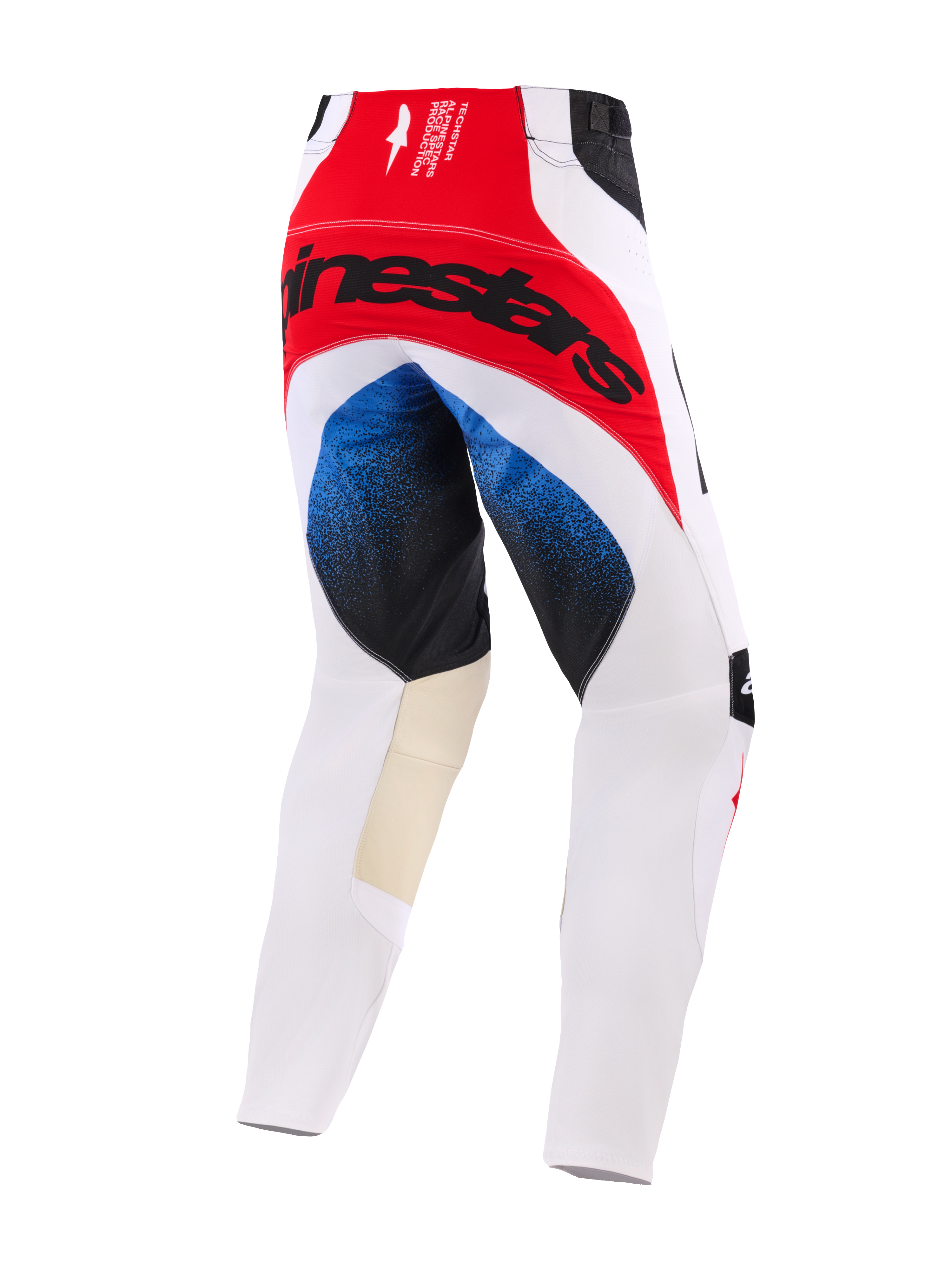 Alpinestars 2026 Techstar Knif Pants, pantaloni da motocross, bianco, rosso e blu, vista posteriore con grande logo Alpinestars nero su pannello della seduta rosso, accenti blu sfumati sulle cosce, pannelli interni al ginocchio in pelle color cuoio, vestibilità racing atletica