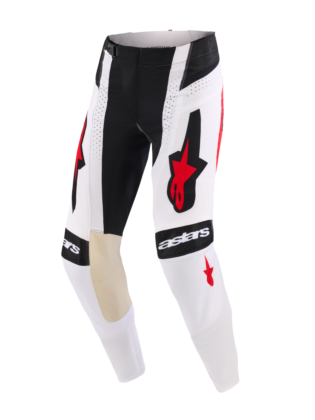 Alpinestars Pantaloni Techstar Knif 2026, pantaloni da motocross, bianco, nero e rosso, con loghi Alpinestars su cosce e ginocchia, inserti interni al ginocchio in pelle di capra color cuoio, dettagli traforati per il flusso d'aria e design racing resistente per competizioni off-road