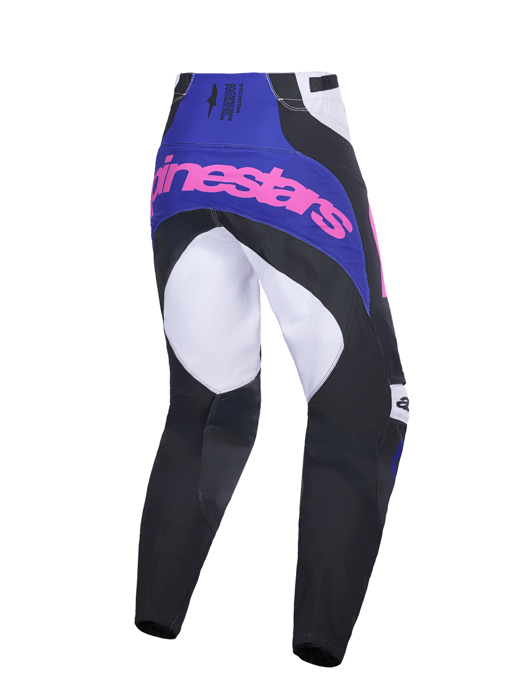 Alpinestars Techstar Knif Pants 2026, pantaloni da motocross, nero, grigio chiaro e viola con loghi rosa, vista posteriore che mostra la costruzione multi-pannello, giogo viola con logo rosa e area della seduta rinforzata per corse fuoristrada