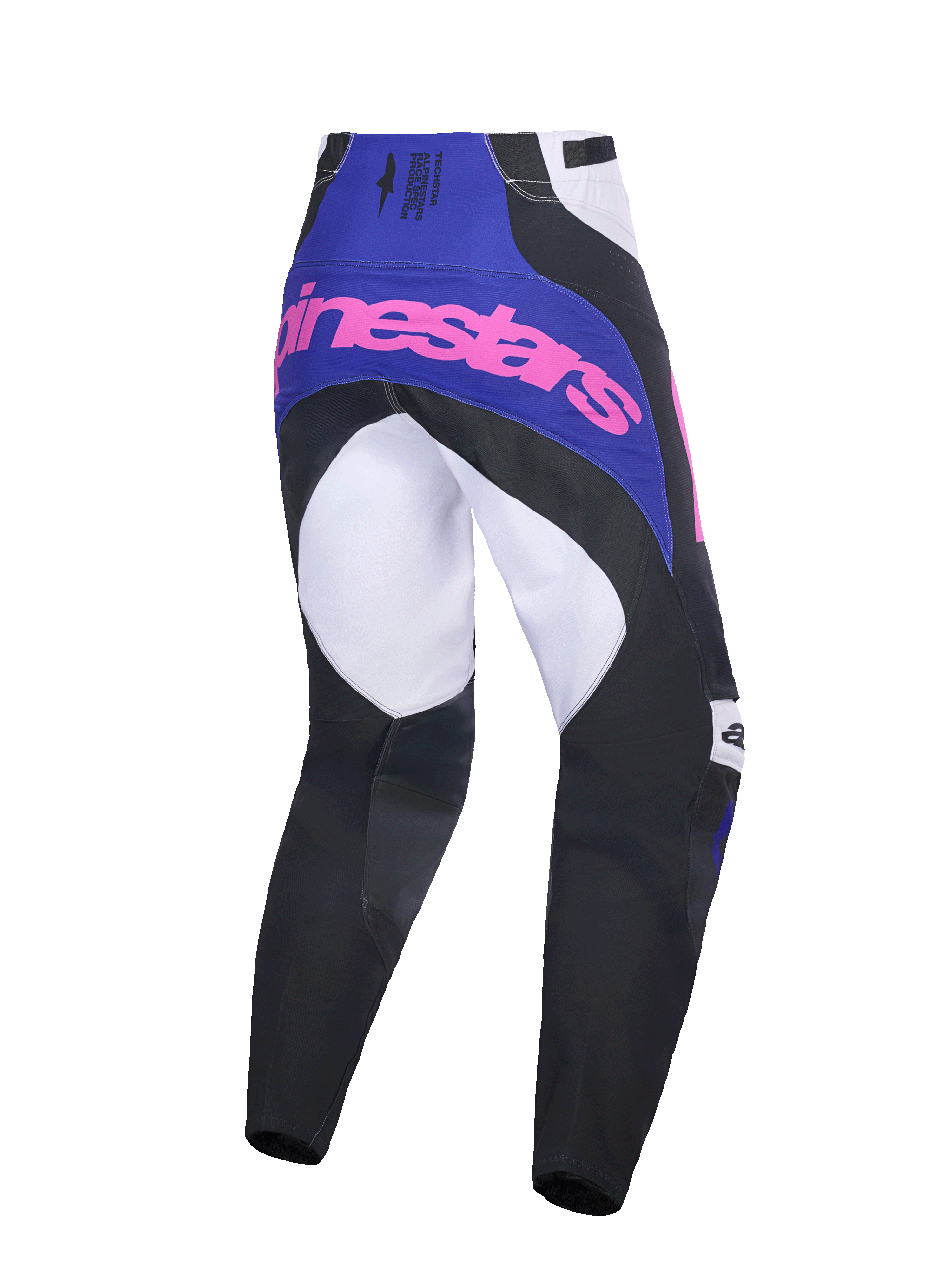 Alpinestars Techstar Knif Pants 2026, pantaloni da motocross, nero, grigio chiaro e viola con loghi rosa, vista posteriore che mostra la costruzione multi-pannello, giogo viola con logo rosa e area della seduta rinforzata per corse fuoristrada