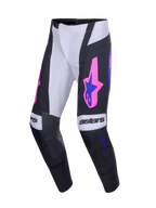 Alpinestars 2026 Techstar Knif Pants, pantaloni da motocross, nero e grigio chiaro con accenti viola e rosa acceso, marchio 'astars' sulle ginocchia, loghi a stella sulle cosce e taglio racing ergonomico per prestazioni fuoristrada