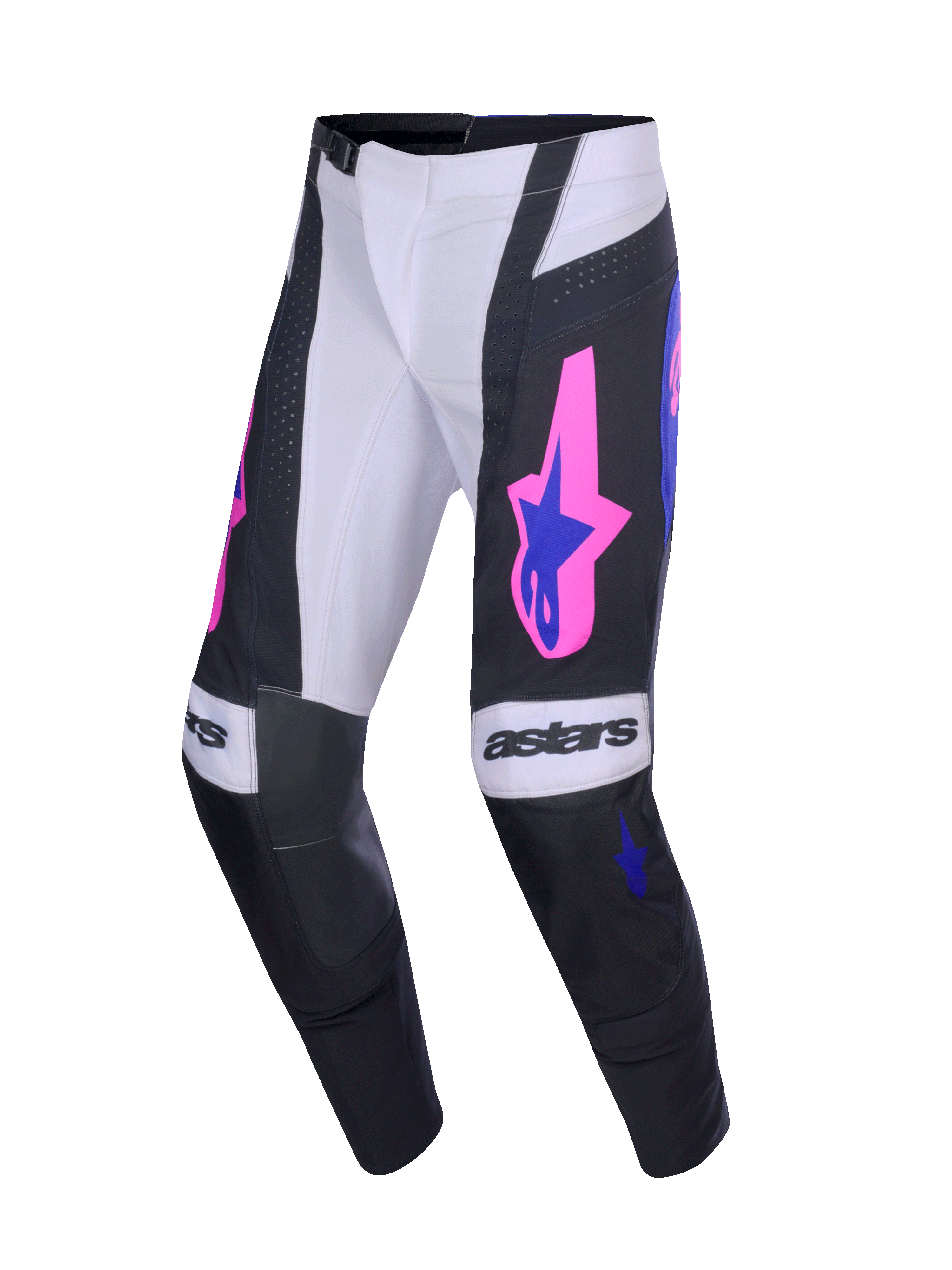 Alpinestars 2026 Techstar Knif Pants, pantaloni da motocross, nero e grigio chiaro con accenti viola e rosa acceso, marchio 'astars' sulle ginocchia, loghi a stella sulle cosce e taglio racing ergonomico per prestazioni fuoristrada