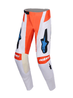 Alpinestars 2026 Techstar Knif Pants, pantaloni da motocross, grigio chiaro e arancione fluo con accenti blu e neri, loghi Astars blu, pannelli traforati per la ventilazione e fibbia magnetica in vita, abbigliamento professionale per gare off-road