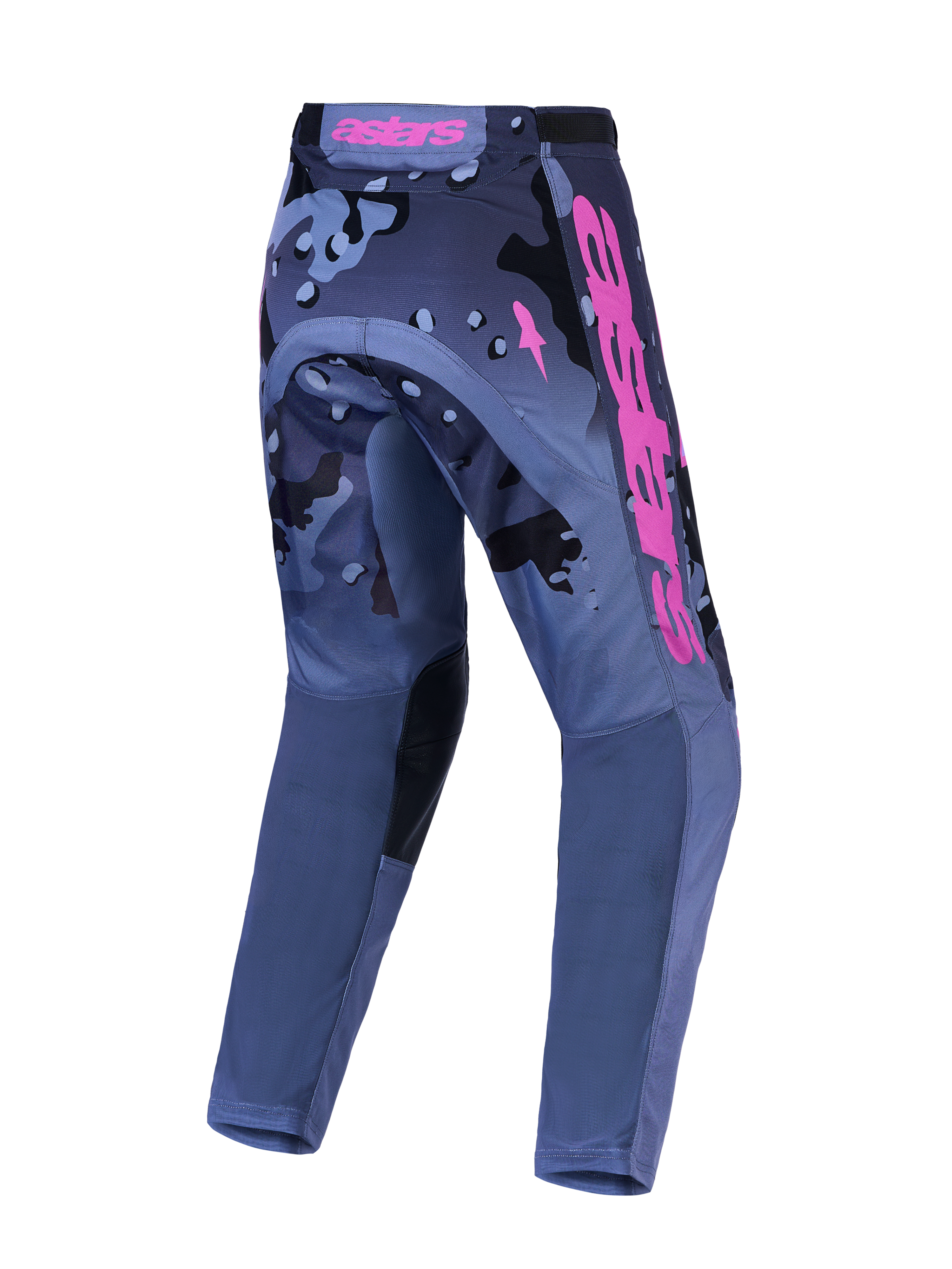 Alpinestars Pantaloni Racer Lone, pantaloni da motocross da uomo, grigio camo e viola, vista posteriore, tessuto resistente.