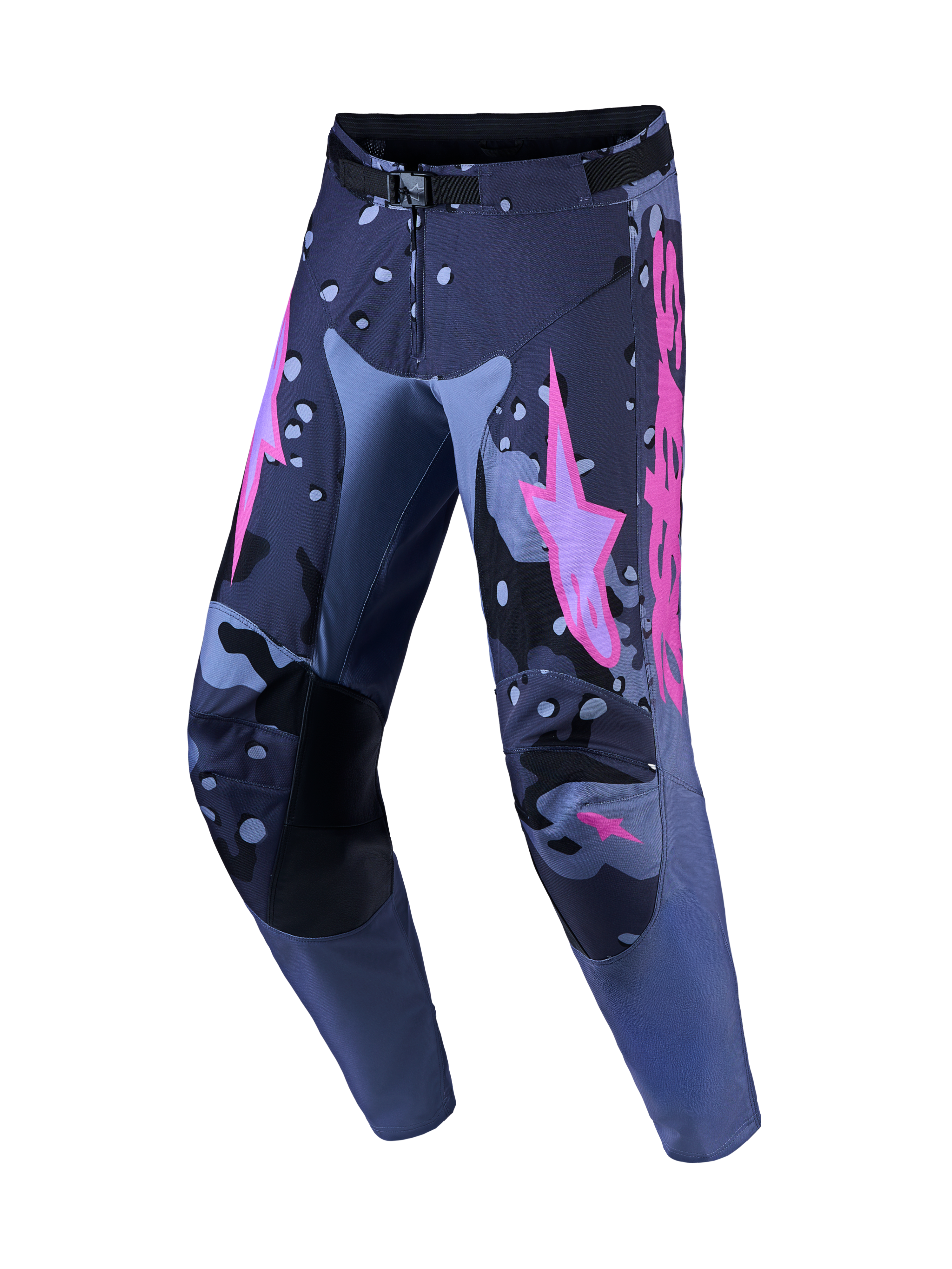 Alpinestars pantaloni Racer Lone, pantaloni da motocross uomo, grigio camo e viola, in poliestere 600D con gambe pre-curvate.