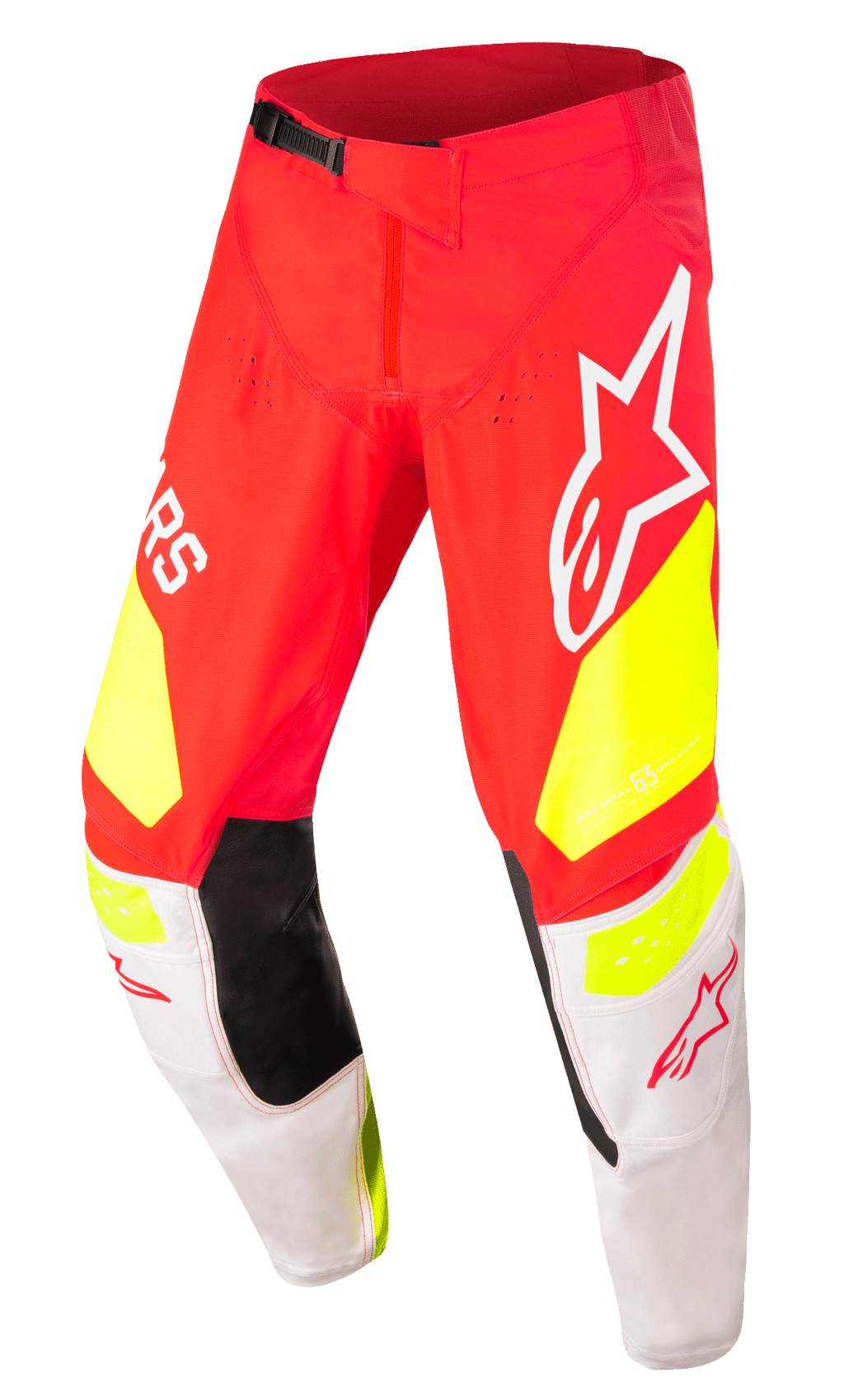 Alpinestars Techstar Factory Pants, pantaloni da motocross, rossi con accenti giallo fluo e bianchi, dotati di pannelli interni neri alle ginocchia, grandi loghi Alpinestars, fori di ventilazione e fibbia nera regolabile in vita