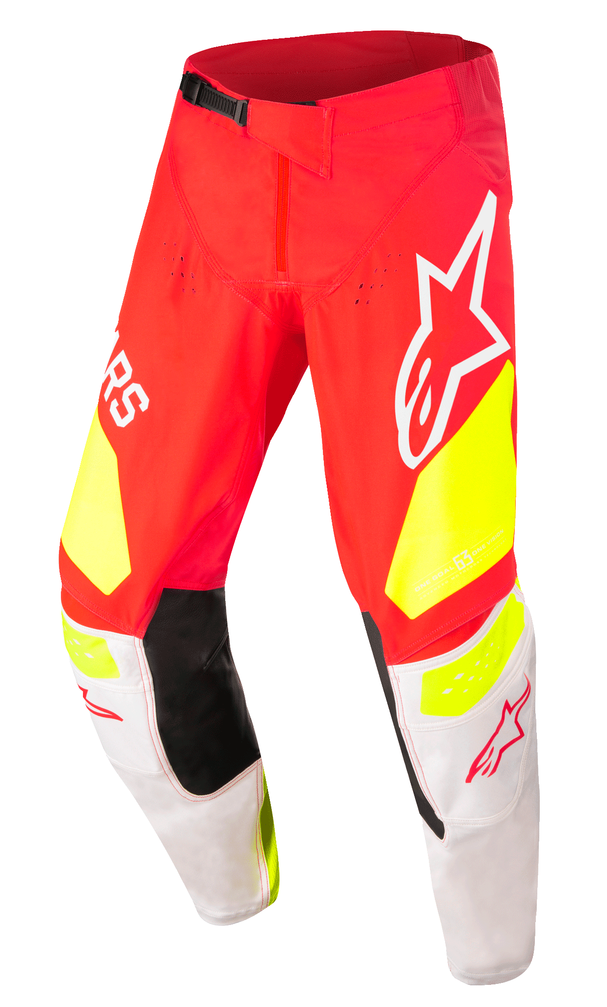 Alpinestars Techstar Factory Pants, pantaloni da motocross, rossi con accenti giallo fluo e bianchi, dotati di pannelli interni neri alle ginocchia, grandi loghi Alpinestars, fori di ventilazione e fibbia nera regolabile in vita