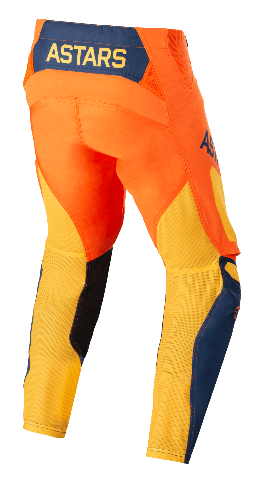 Alpinestars Techstar Factory Pants, pantaloni da motocross, arancione, blu scuro e giallo caldo, vista posteriore con il logo ASTARS giallo su un pannello posteriore blu scuro, struttura arancione vivace con mesh gialla traspirante sulla parte inferiore delle gambe e dettagli blu