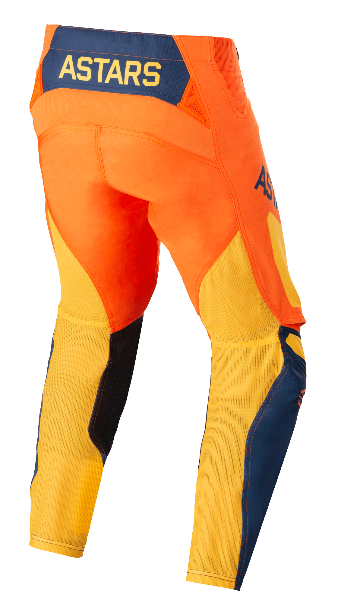 Alpinestars Techstar Factory Pants, pantaloni da motocross, arancione, blu scuro e giallo caldo, vista posteriore con il logo ASTARS giallo su un pannello posteriore blu scuro, struttura arancione vivace con mesh gialla traspirante sulla parte inferiore delle gambe e dettagli blu