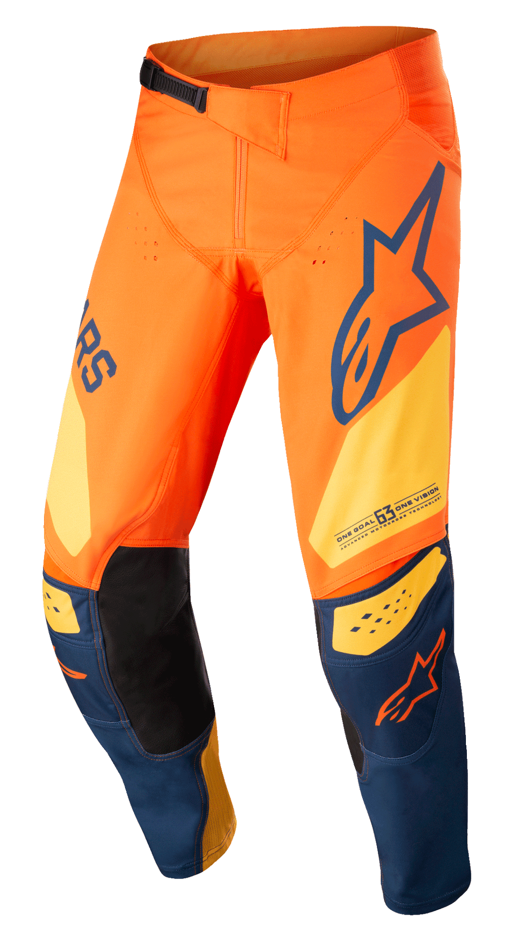 Alpinestars Techstar Factory Pants, pantaloni da motocross, arancione e blu scuro con giallo caldo, branding audace, costruzione del ginocchio 3D Babel con toppe interne in pelle nera e sistema a cricchetto regolabile in vita per gare fuoristrada