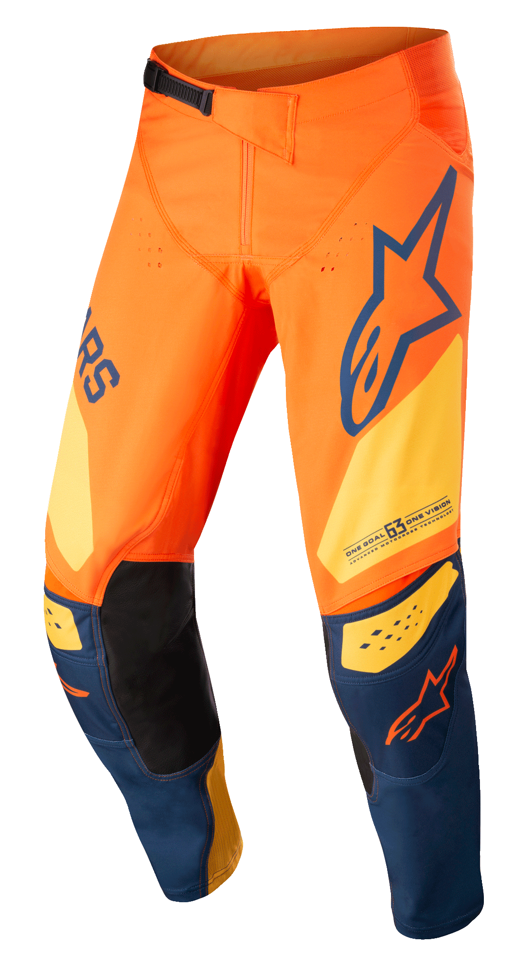 Alpinestars Techstar Factory Pants, pantaloni da motocross, arancione e blu scuro con giallo caldo, branding audace, costruzione del ginocchio 3D Babel con toppe interne in pelle nera e sistema a cricchetto regolabile in vita per gare fuoristrada