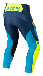 Alpinestars Techstar Factory Pants, pantaloni da motocross, blu scuro, giallo fluo e blu bright neo, vista posteriore con marchio 'ASTARS' sulla cintura, pannelli in rete traforata per il raffreddamento, inserti neri all'interno della gamba e vestibilità race pre-curvata per prestazioni fuoristrada.