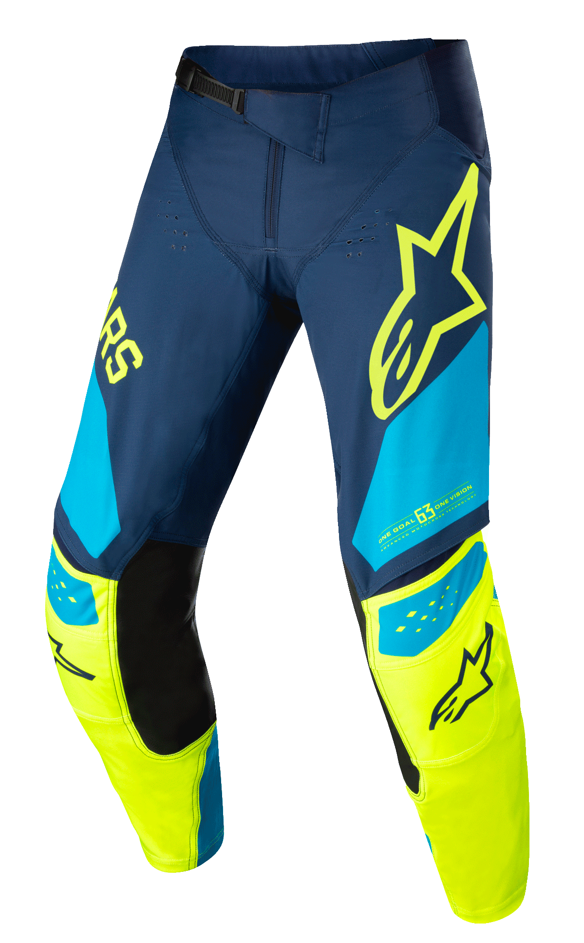 Alpinestars Techstar Factory Pants, pantaloni da motocross, blu scuro, giallo fluo e azzurro, con pannelli interni neri sulle ginocchia, logo stella gialla sulla coscia, scritta "ONE GOAL ONE VISION" e zone di ventilazione traforate per abbigliamento fuoristrada ad alte prestazioni