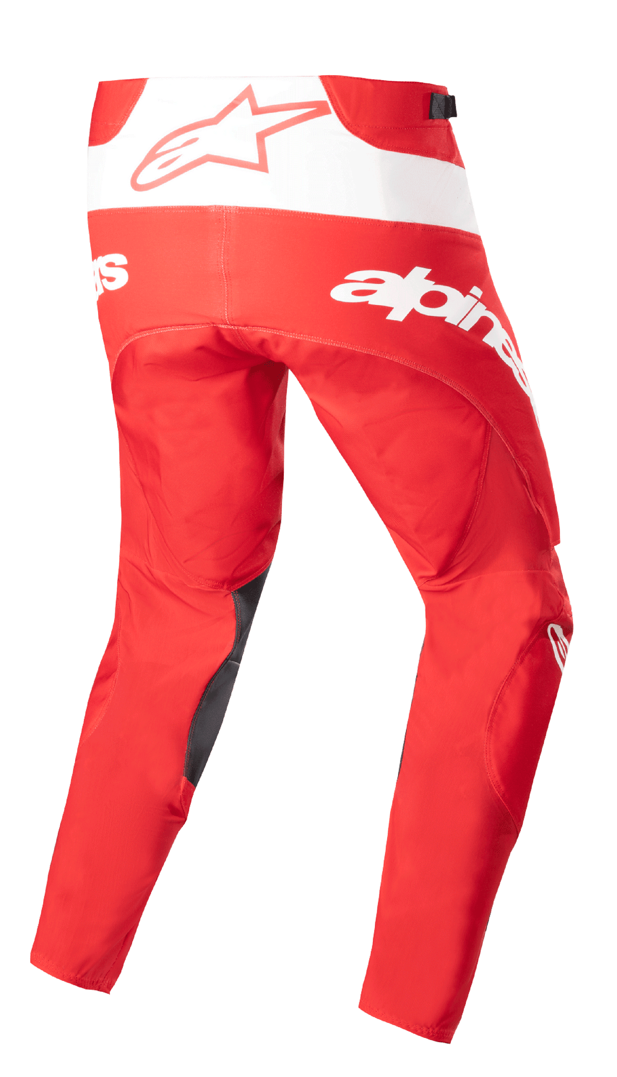 Alpinestars Techstar Arch Pants 2023, pantaloni da motocross, rosso Marte e bianco, vista posteriore con branding bianco vistoso e logo a stella, rinforzi scuri all'interno della gamba, design tecnico per prestazioni fuoristrada