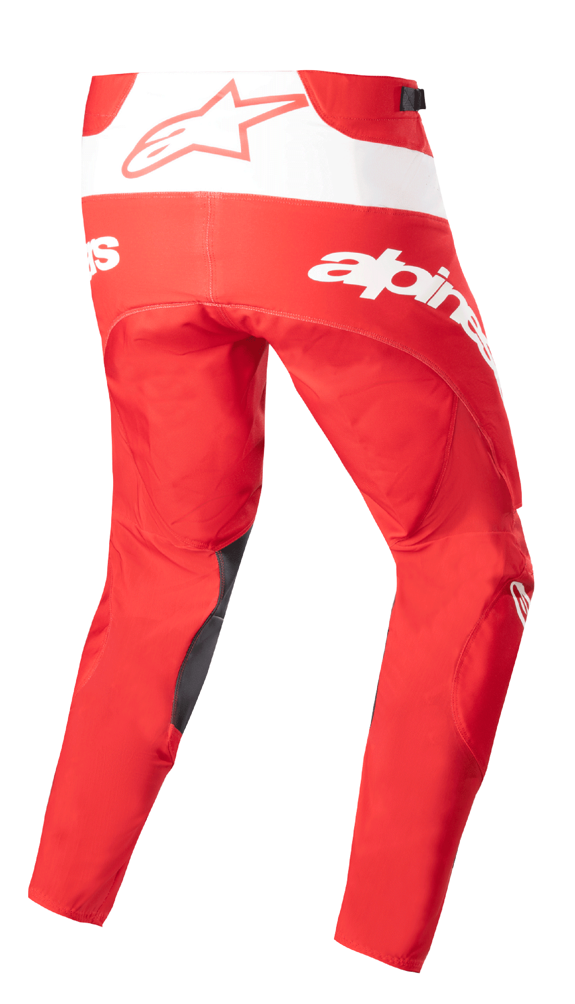Alpinestars Techstar Arch Pants 2023, pantaloni da motocross, rosso Marte e bianco, vista posteriore con branding bianco vistoso e logo a stella, rinforzi scuri all'interno della gamba, design tecnico per prestazioni fuoristrada