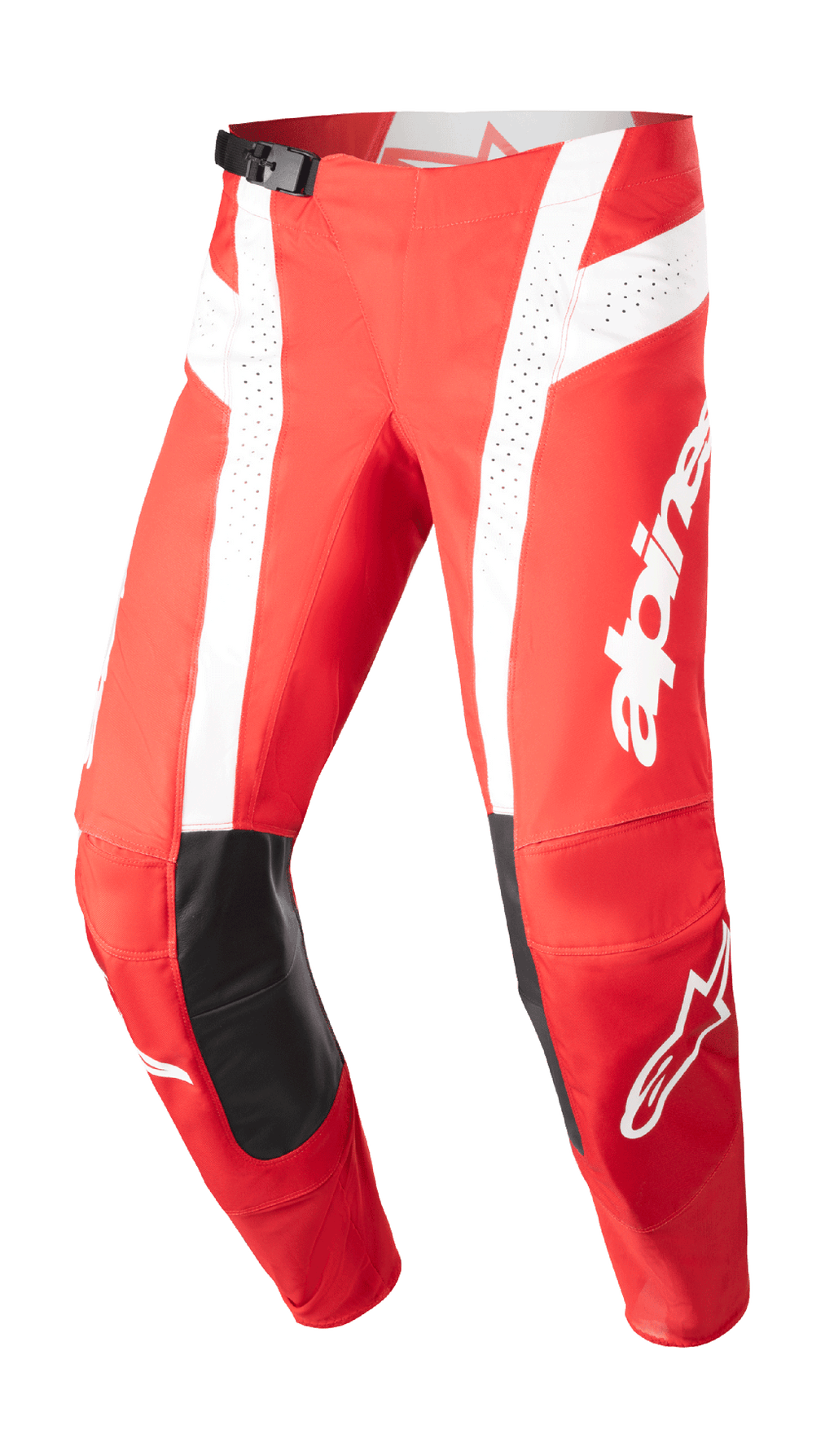 Alpinestars 2023 Techstar Arch Pants, pantaloni da motocross, Mars Red e bianco, toppe in pelle nera sulle ginocchia, pannelli di ventilazione traforati, fibbia regolabile in vita, equipaggiamento tecnico per fuoristrada