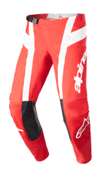 Alpinestars 2023 Techstar Arch Pants, pantaloni da motocross, Mars Red e bianco, toppe in pelle nera sulle ginocchia, pannelli di ventilazione traforati, fibbia regolabile in vita, equipaggiamento tecnico per fuoristrada