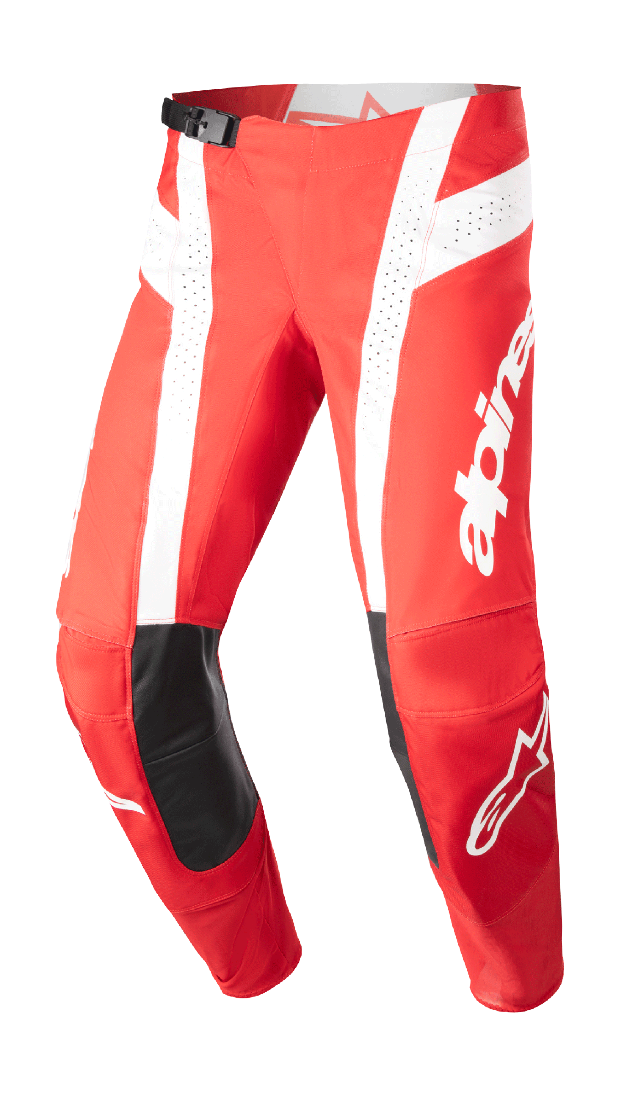 Alpinestars 2023 Techstar Arch Pants, pantaloni da motocross, Mars Red e bianco, toppe in pelle nera sulle ginocchia, pannelli di ventilazione traforati, fibbia regolabile in vita, equipaggiamento tecnico per fuoristrada