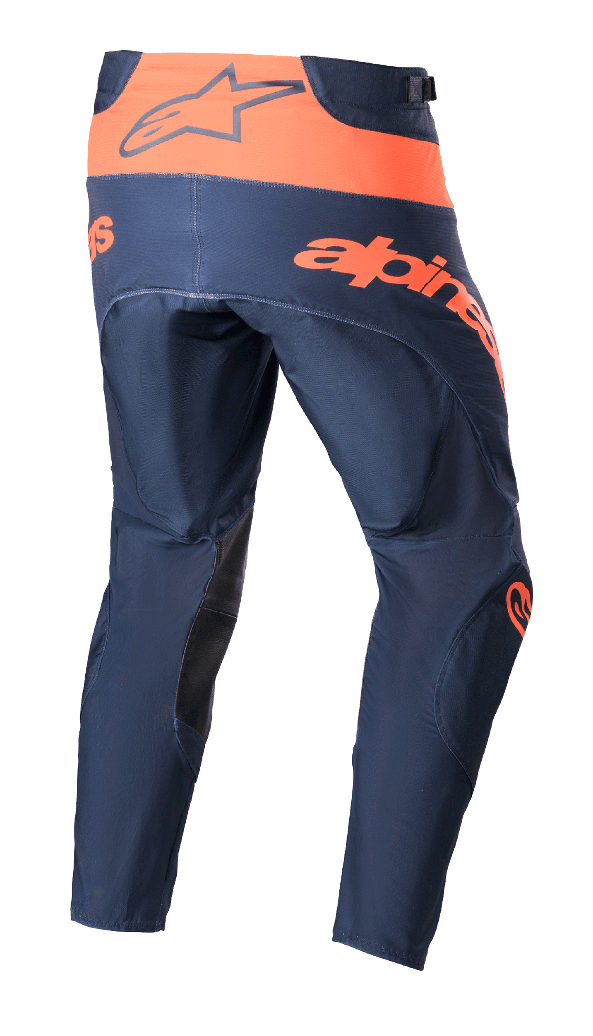Pantaloni Alpinestars 2023 Techstar Arch, pantaloni da motocross, Night Navy e Hot Orange, vista posteriore con fascia arancione in vita e logo Alpinestars, grande scritta arancione sulla seduta e rinforzi neri all'interno della gamba