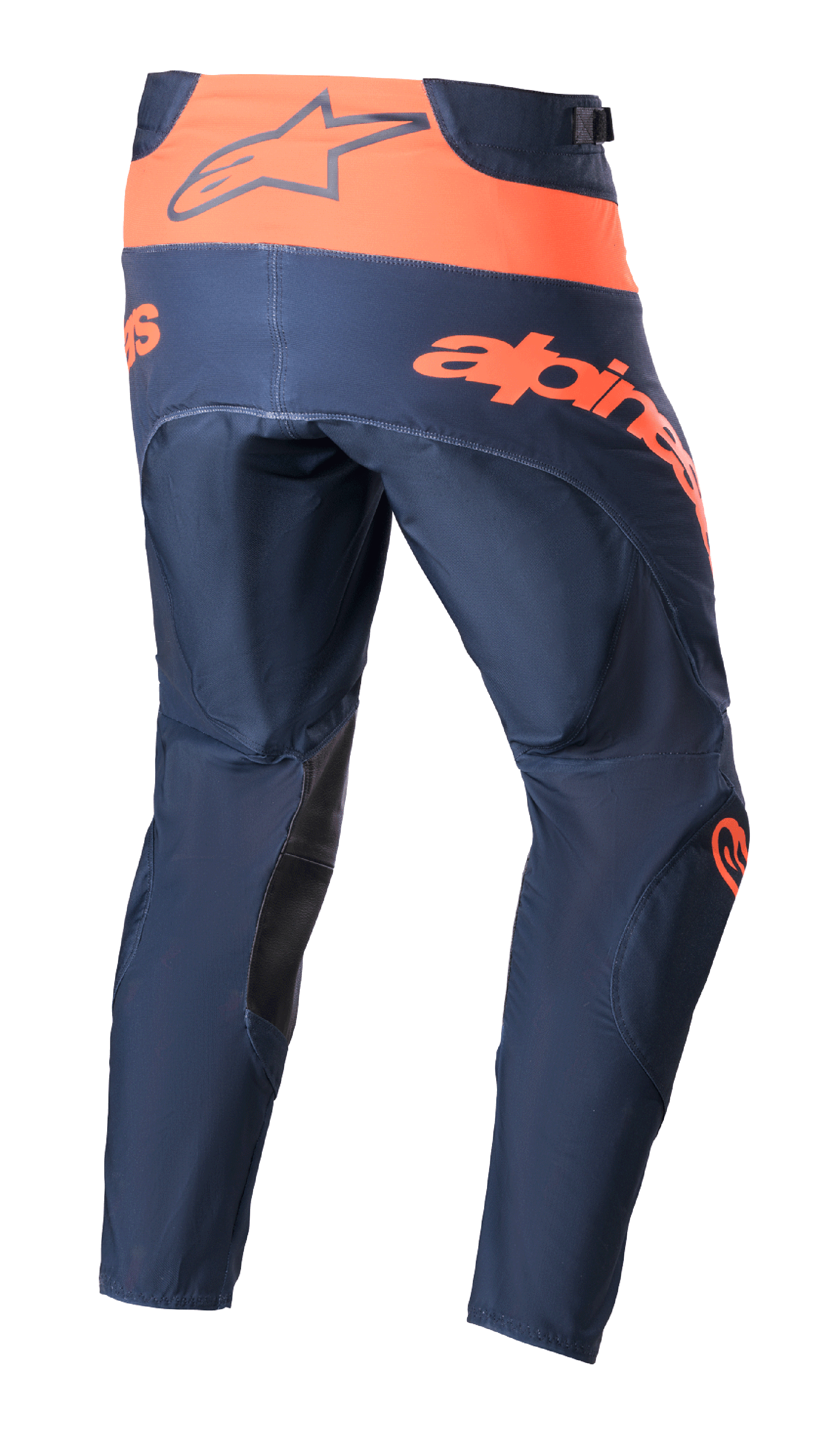 Pantaloni Alpinestars 2023 Techstar Arch, pantaloni da motocross, Night Navy e Hot Orange, vista posteriore con fascia arancione in vita e logo Alpinestars, grande scritta arancione sulla seduta e rinforzi neri all'interno della gamba