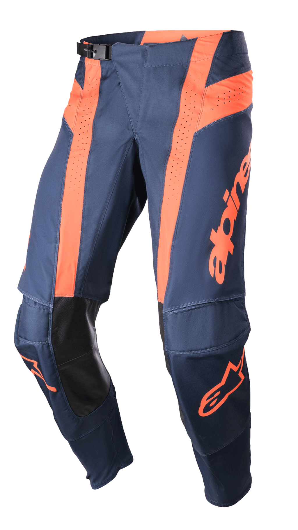 Alpinestars 2023 Techstar Arch Pants, pantaloni da motocross, blu notte e arancione acceso, pannelli di ventilazione traforati, protezioni interne del ginocchio in pelle nera, fibbia regolabile in vita, abbigliamento off-road ad alte prestazioni