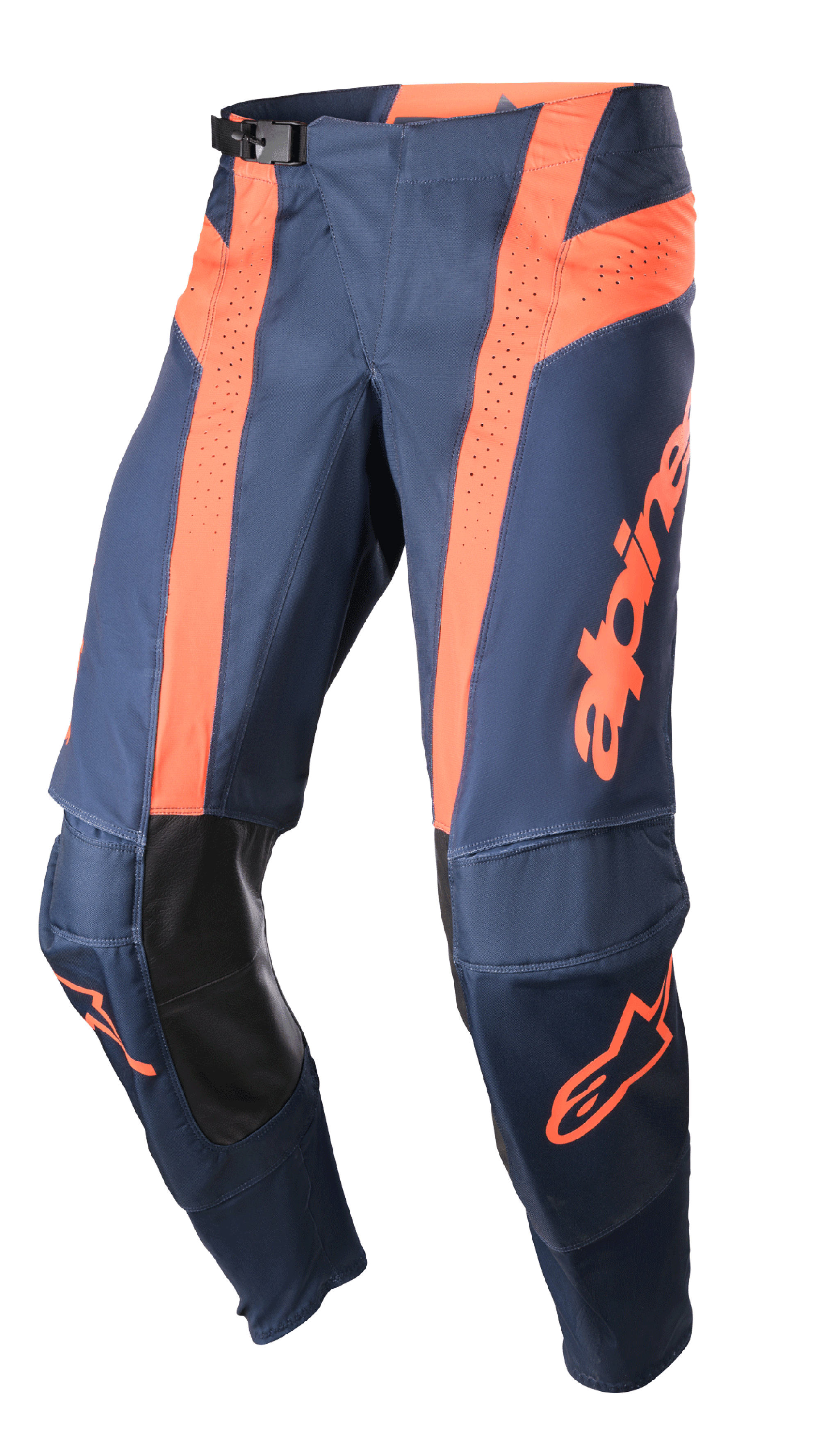 Alpinestars 2023 Techstar Arch Pants, pantaloni da motocross, blu notte e arancione acceso, pannelli di ventilazione traforati, protezioni interne del ginocchio in pelle nera, fibbia regolabile in vita, abbigliamento off-road ad alte prestazioni
