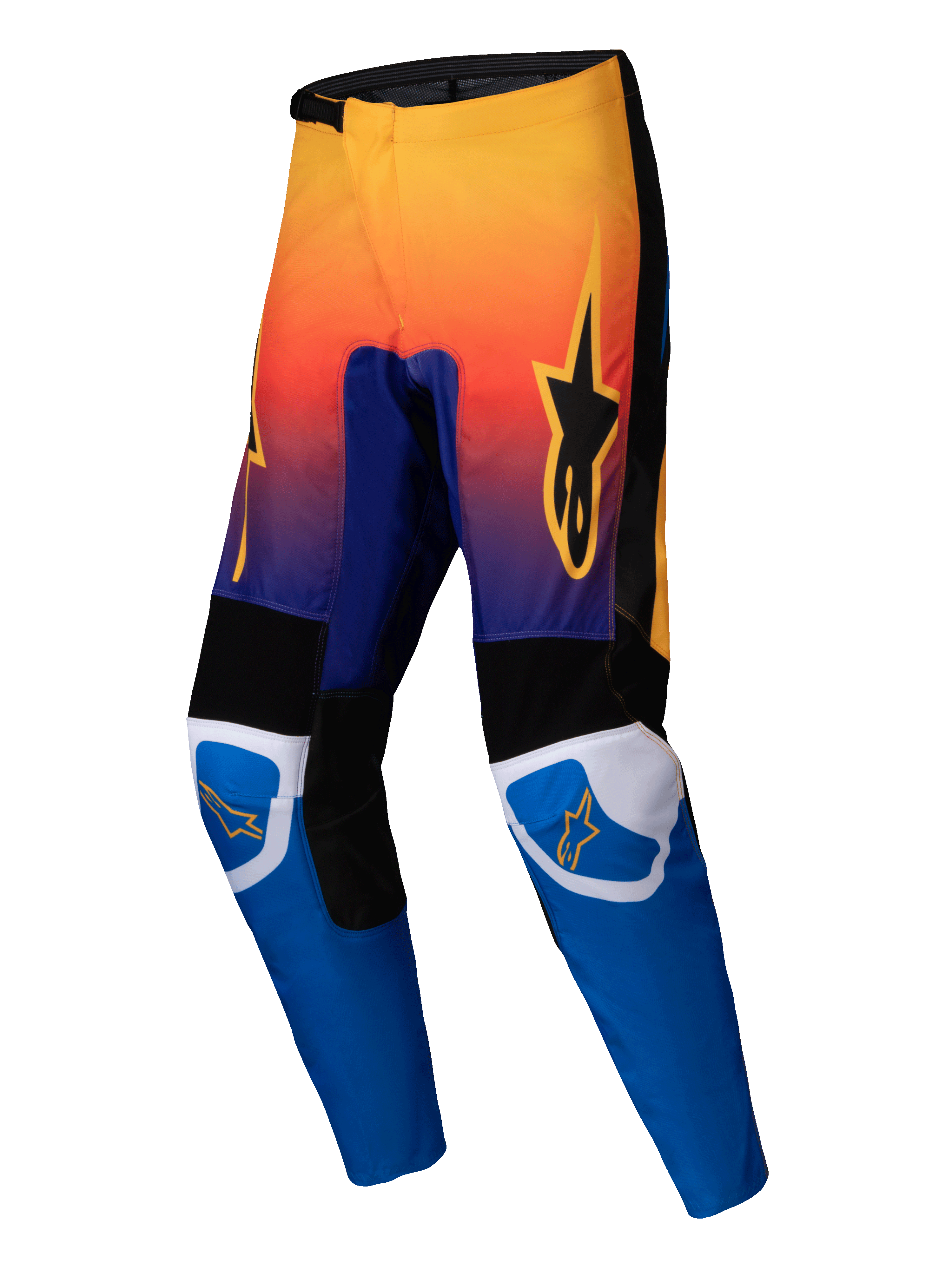 Alpinestars 2025 Fluid Wurx Pants, pantaloni da motocross, multicolore con sfumatura da arancione a viola nella parte superiore e parte inferiore blu acceso, con pannelli rinforzati neri e bianchi, logo a stella arancione su cosce e ginocchia, design resistente per corse fuoristrada