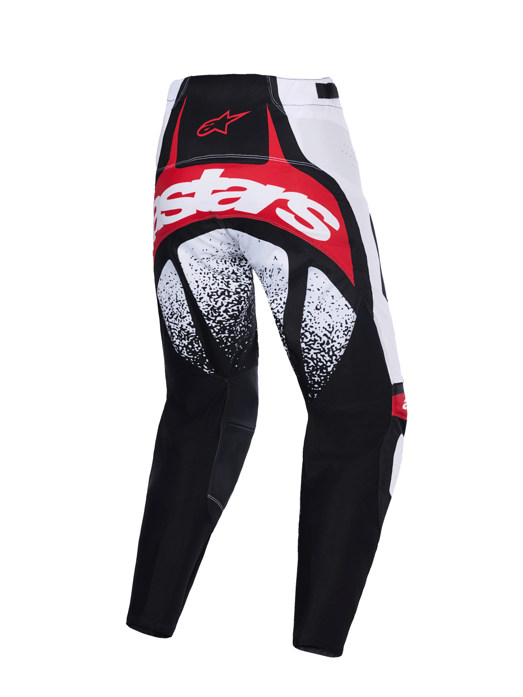Alpinestars pantaloni Techstar Nomur 2026, pantaloni da motocross, nero, bianco e rosso, vista posteriore con logo rosso e bianco sulla seduta, motivi puntinati in bianco e nero sulle cosce e costruzione multi-pannello ad alte prestazioni.