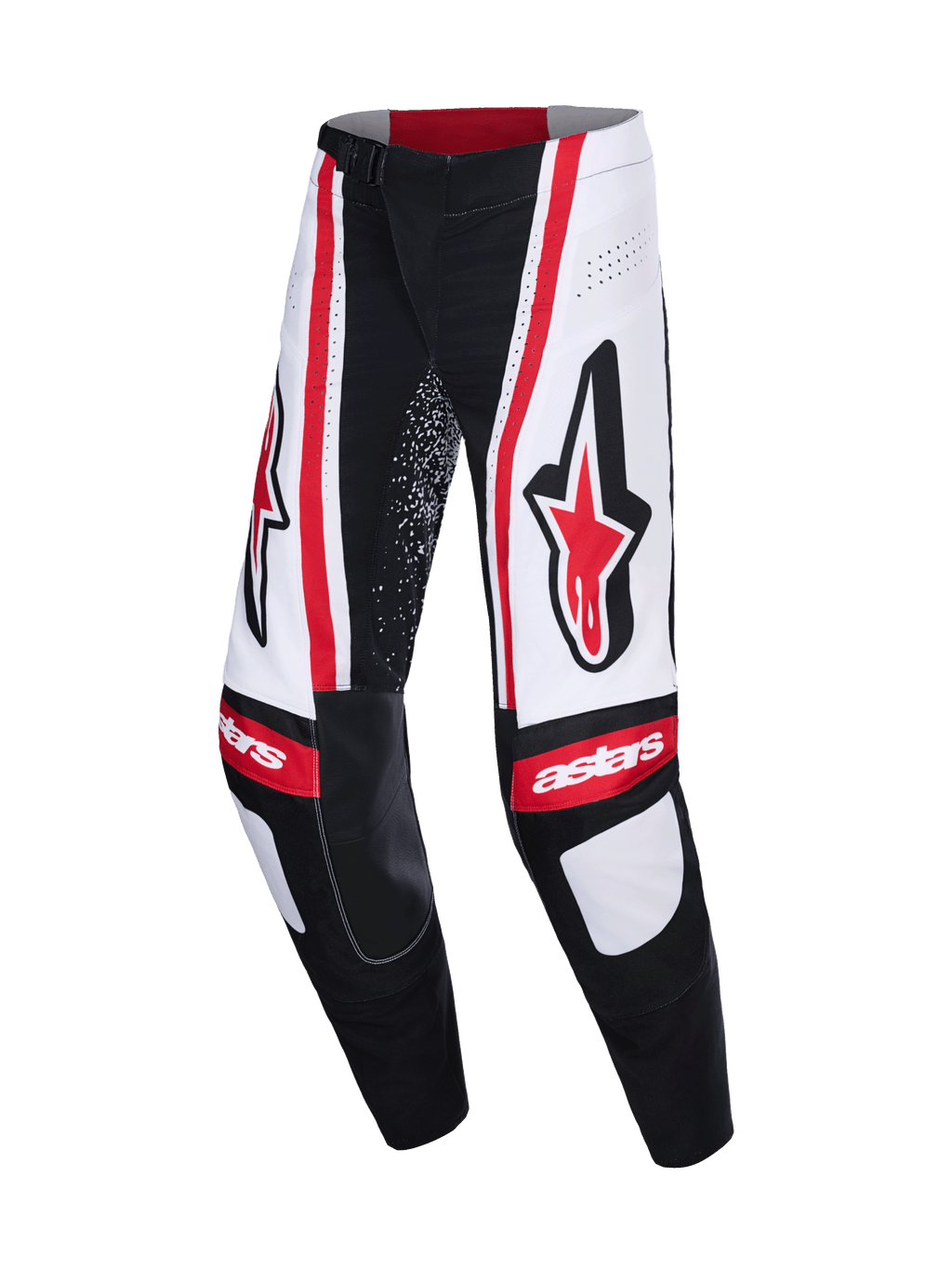 Alpinestars Techstar Nomur Pants 2026, pantaloni da motocross, nero, bianco e rosso, con grandi loghi Astars rossi sulle cosce, pannelli bianchi con strisce verticali rosse e marchio "astars" sulle ginocchia.