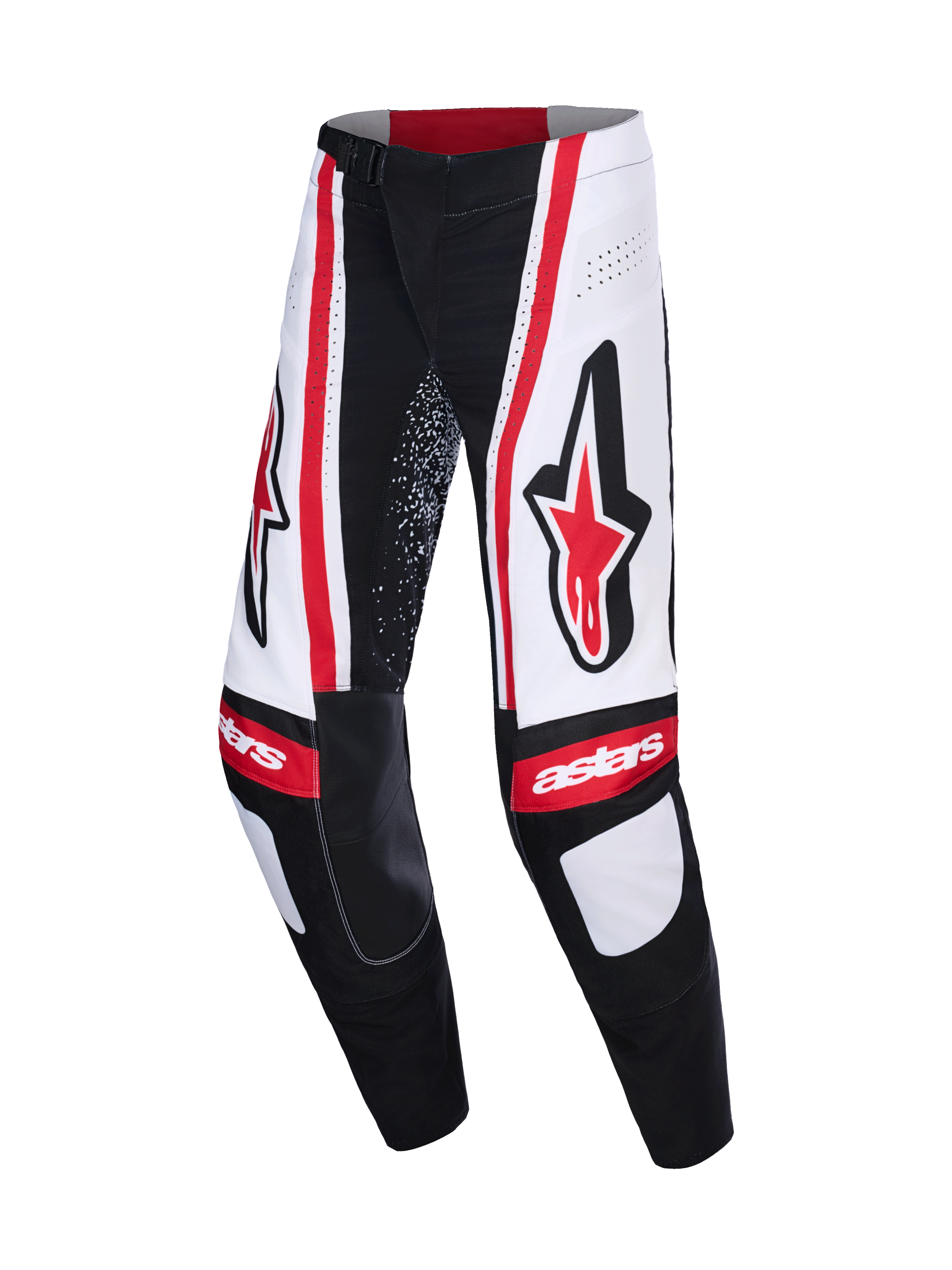 Alpinestars Techstar Nomur Pants 2026, pantaloni da motocross, nero, bianco e rosso, con grandi loghi Astars rossi sulle cosce, pannelli bianchi con strisce verticali rosse e marchio "astars" sulle ginocchia.