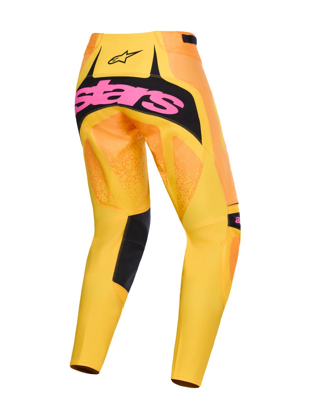 Alpinestars Pantaloni Techstar Nomur 2026, pantaloni da motocross, arancione, giallo e rosa, vista posteriore con grande logo rosa su pannello della seduta nero, design sfumato giallo e arancione con dettagli neri, abbigliamento tecnico da gara off-road