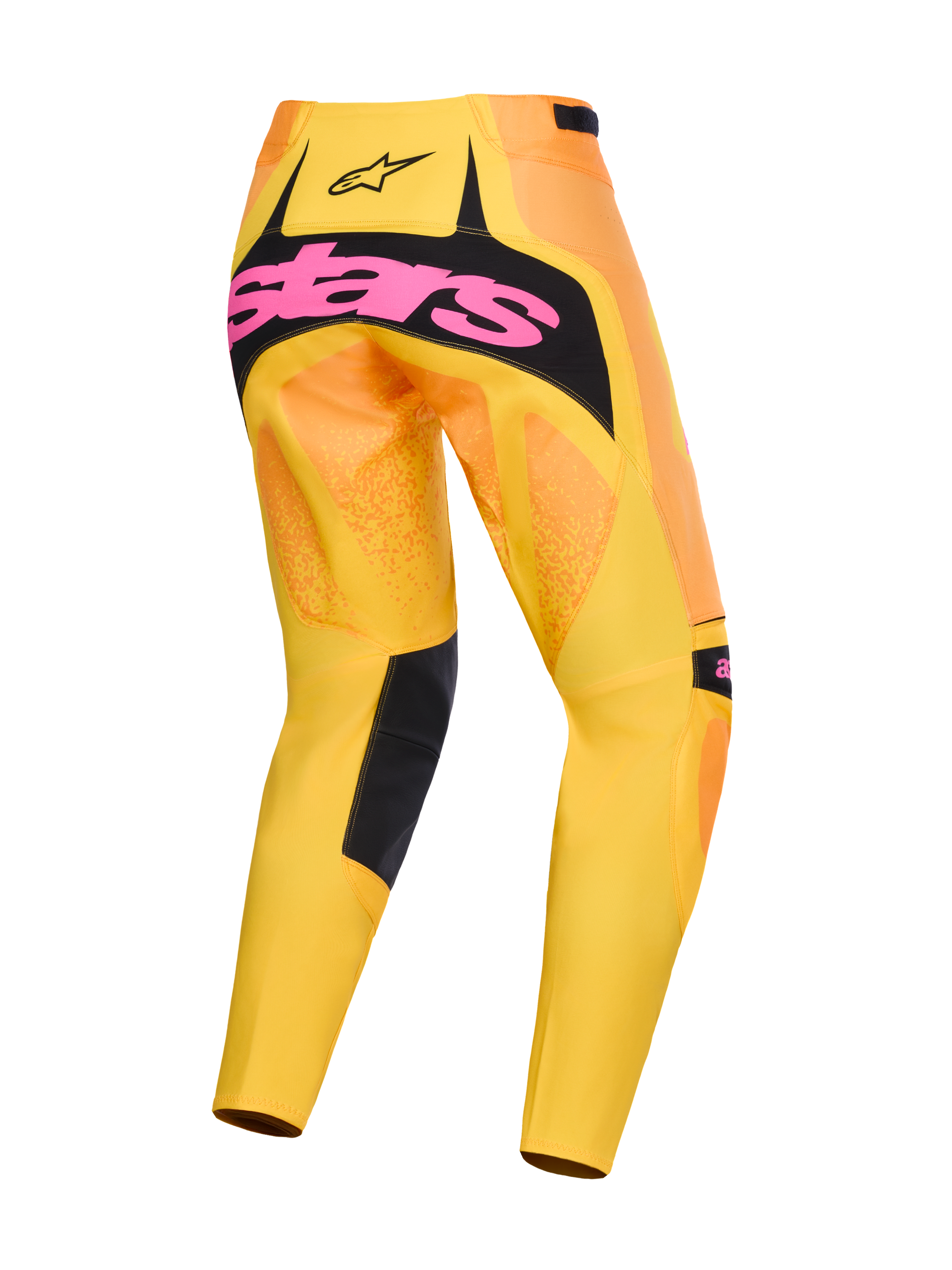 Alpinestars Pantaloni Techstar Nomur 2026, pantaloni da motocross, arancione, giallo e rosa, vista posteriore con grande logo rosa su pannello della seduta nero, design sfumato giallo e arancione con dettagli neri, abbigliamento tecnico da gara off-road