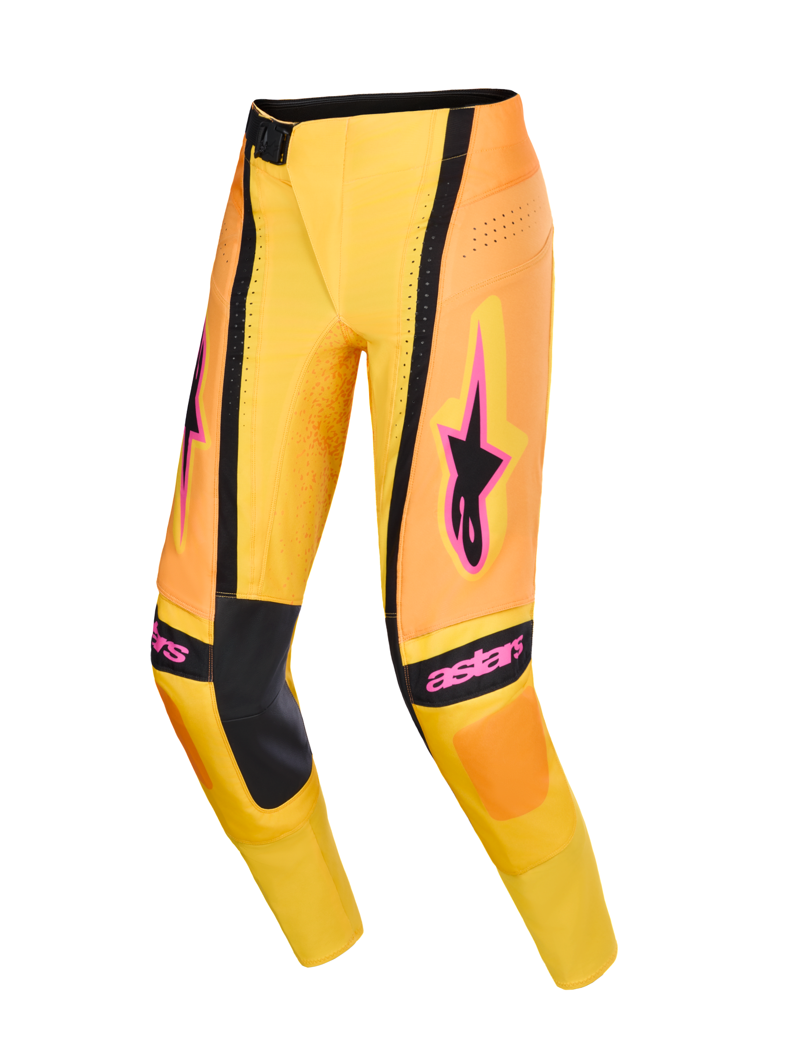 Pantaloni Alpinestars Techstar Nomur 2026, pantaloni da motocross, arancione, giallo e rosa, con pannelli interni sulle ginocchia neri e vistosi loghi Alpinestars rosa, design tecnico con perforazioni ventilate e vestibilità racing atletica, equipaggiamento ad alte prestazioni per gare off-road